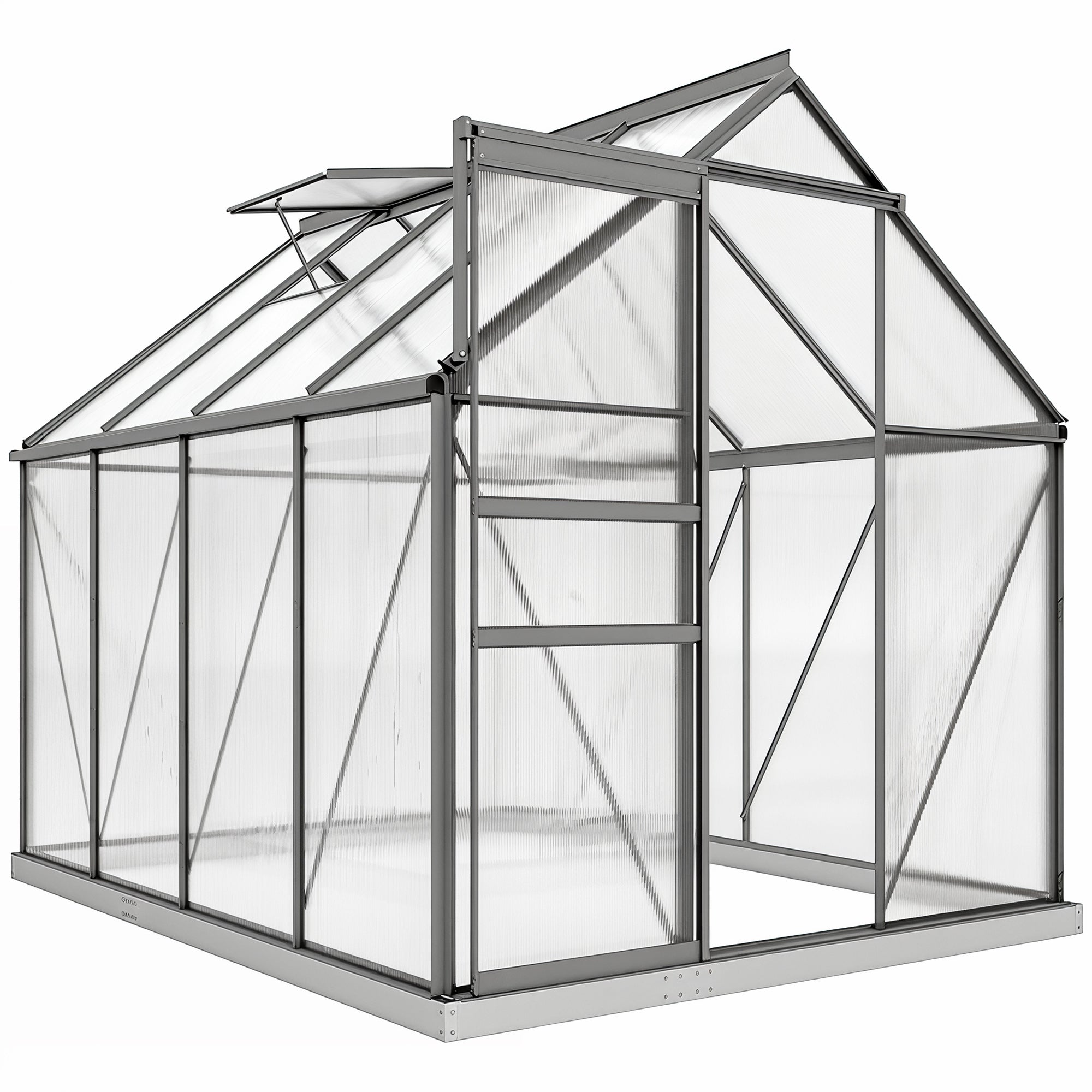 Serre de jardin en polycarbonate 4,8 m²avec fondation, lucarne réglable, porte coulissante 1,9x2,53x1,99m transparent