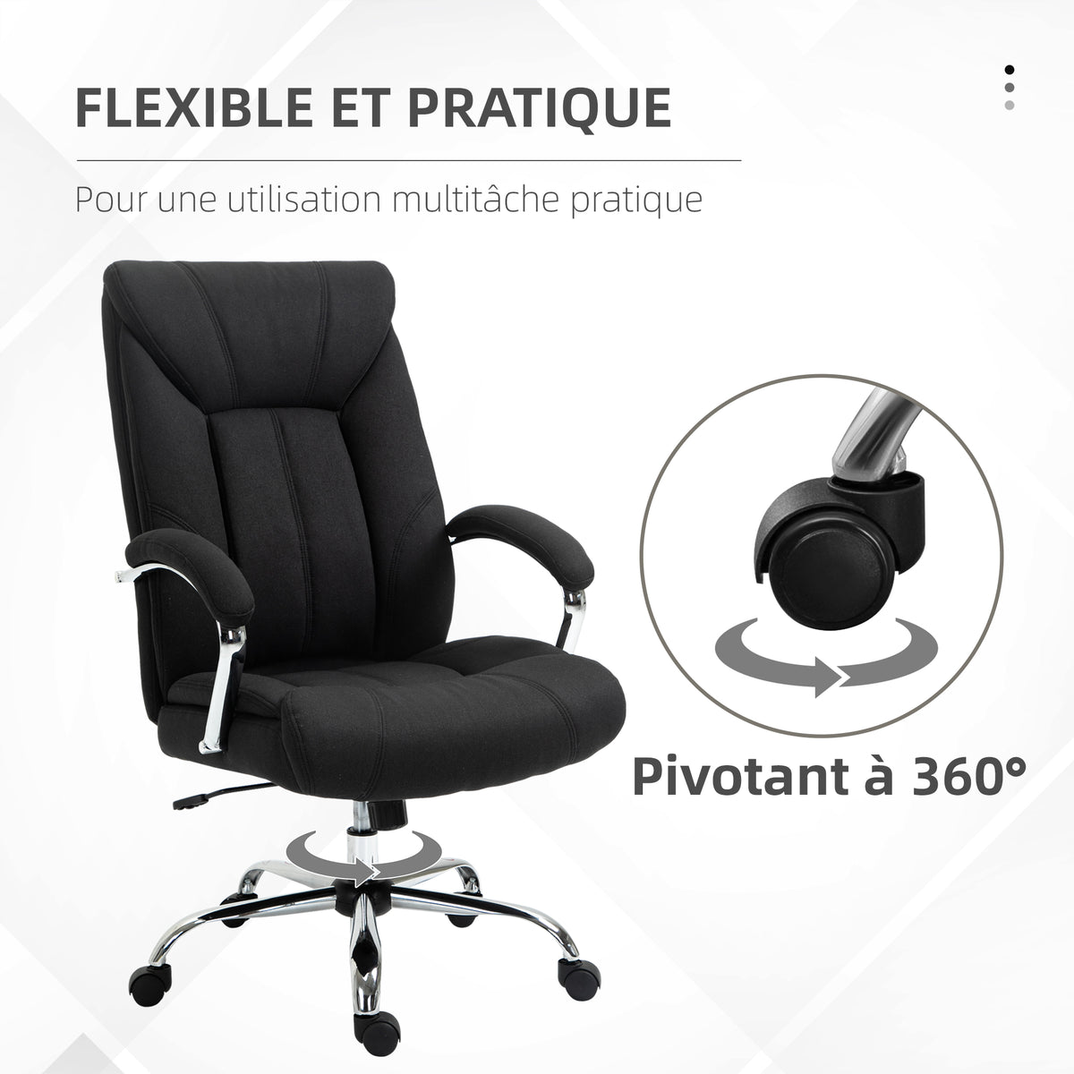 Fauteuil de bureau, chaise de bureau ergonomique, hauteur réglable, dossier haut, fonction de bascule, 65x78x118cm, noir