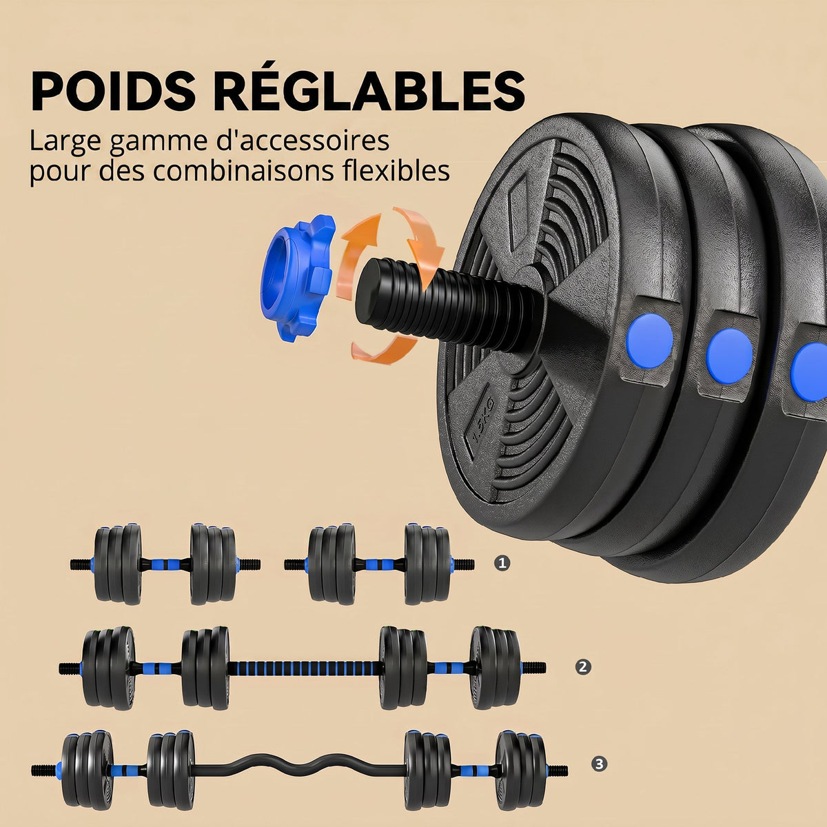 Kit Haltères Musculation Haltères Réglables 25 kg 3 en 1, Ensemble de Poids Réglable avec Barre d'Extension Bleu
