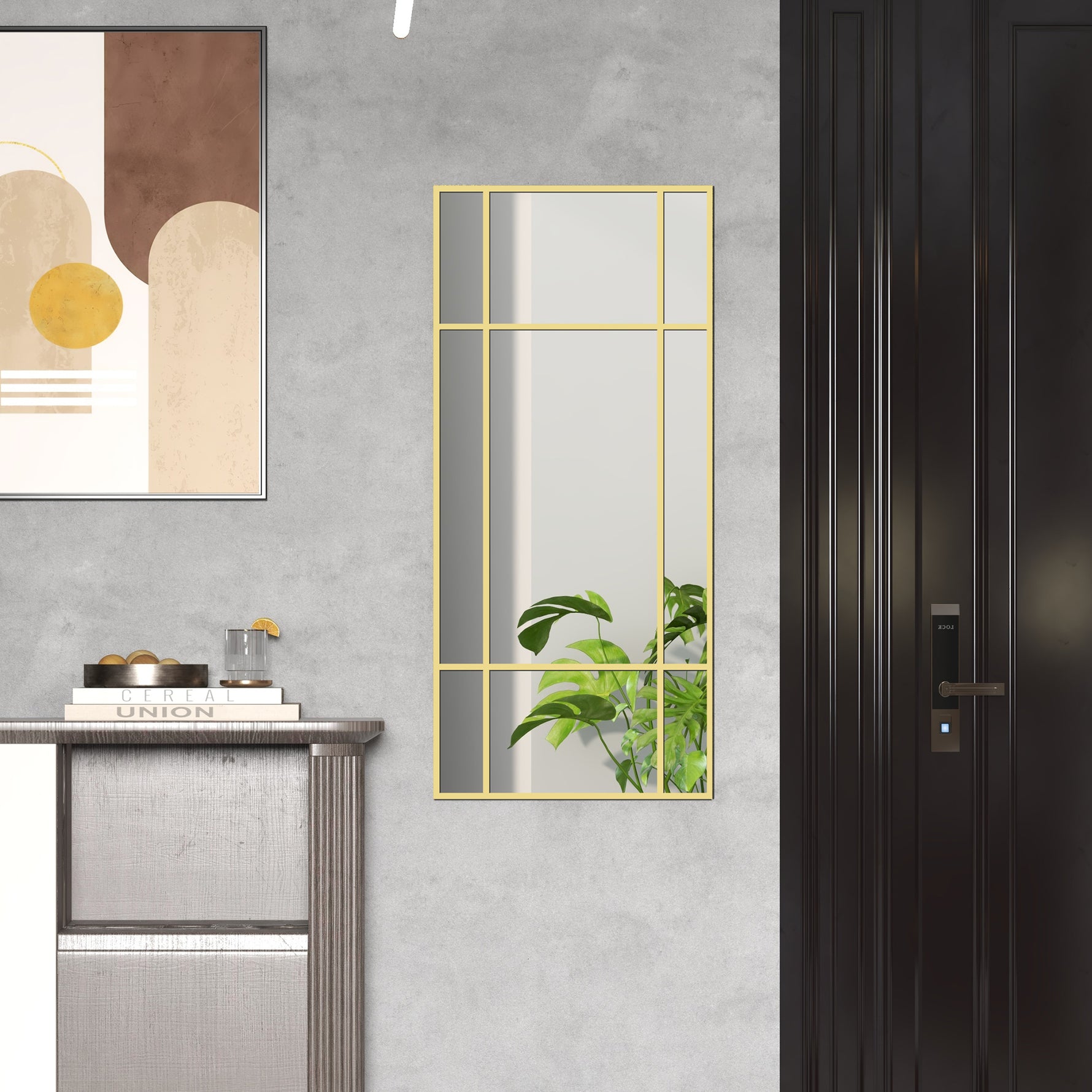 Miroir mural verrière rectangulaire style fenêtre, horizontal ou vertical avec 4 crochets, en métal doré - 110x50 cm