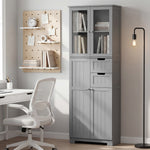 Meuble de salle de bain haut, meuble de rangement avec 4 portes dont 2 vitrées, 2 tiroirs et étagères réglables, gris