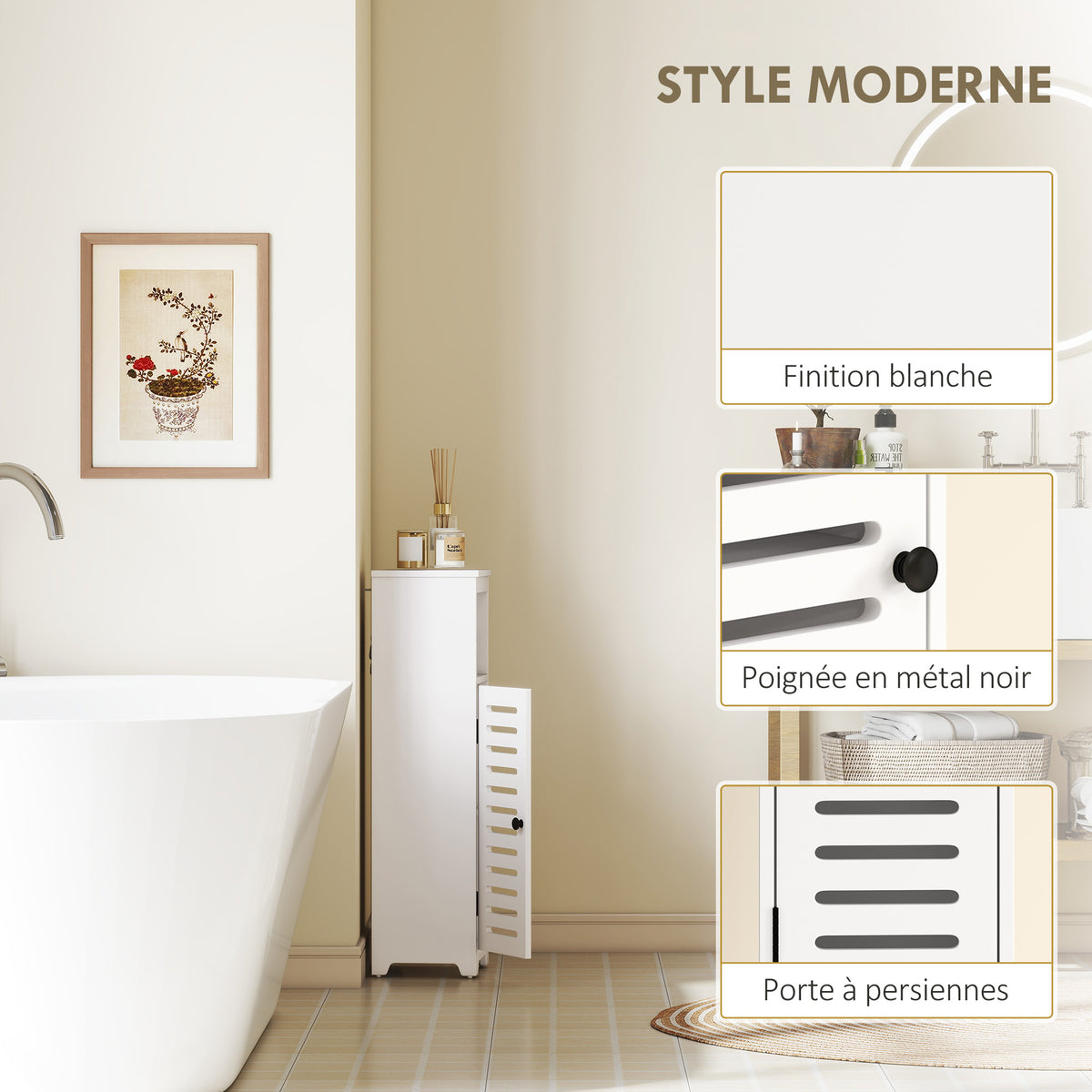Meuble salle de bain, armoire salle de bain 4 niveaux  porte persienne, étagère ouvert, 22x20x75cm, blanc