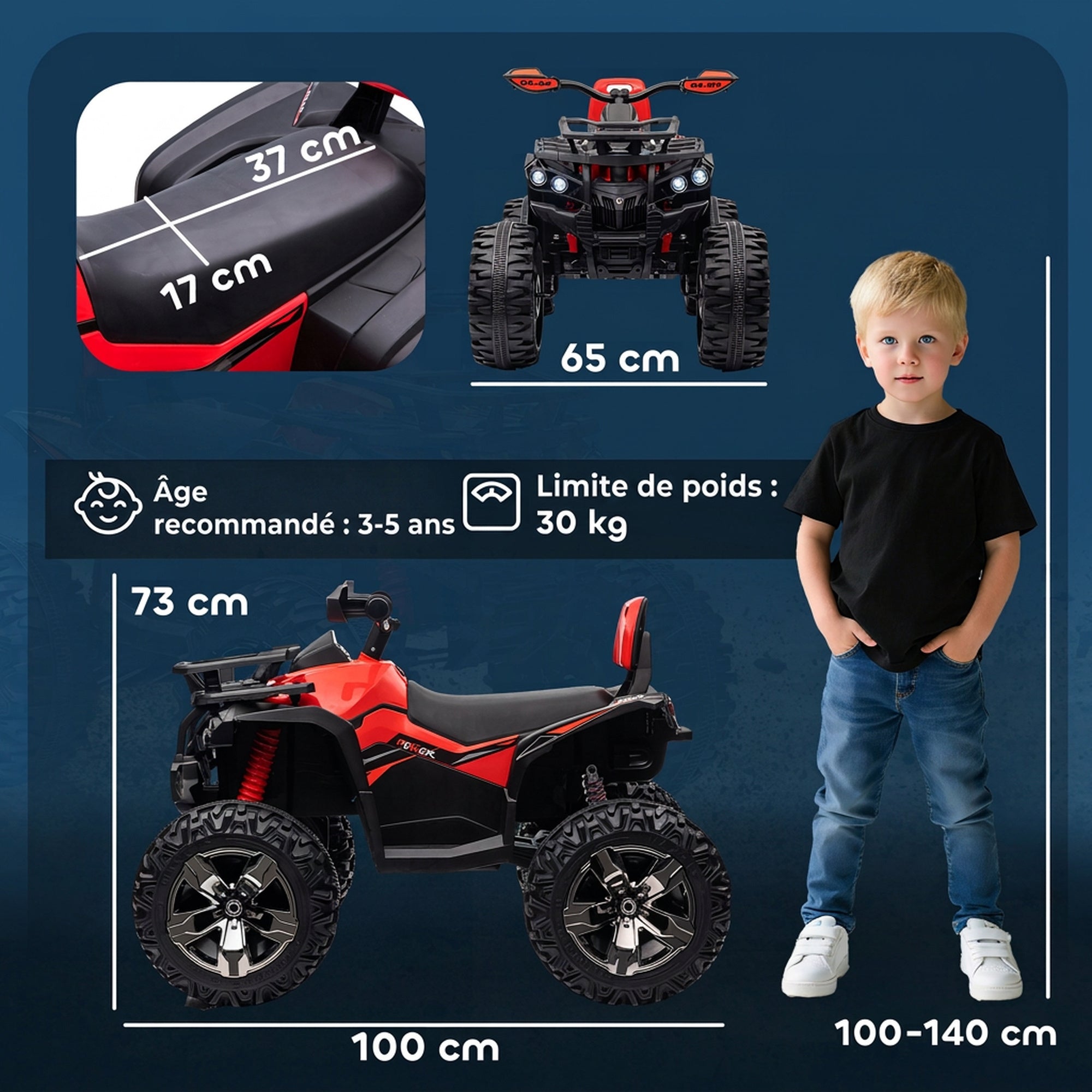 Elektrisches Kinder-Quad-Buggy, 12 V, max. 8 km/h, Elektroauto für Kinder mit Licht- und Soundeffekten, Sitz mit Rückenlehne, Frontgepäckträger, Metall, PP, Rot-Schwarz