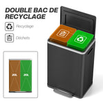 Poubelle de cuisine 2 compartiments de 2 x 20L, poubelle avec pédale, couvercle à fermeture douce 40 x 34,8 x 59 cm noir