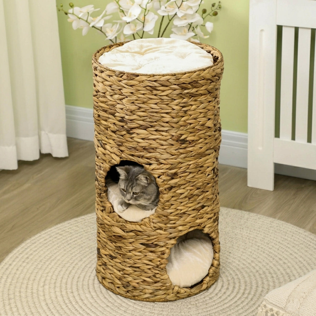 Krabton voor katten, 3 niveaus, kussens, gevlochten waterhyacint, stalen frame, Ø 40 x 73 cm, lichtbruin