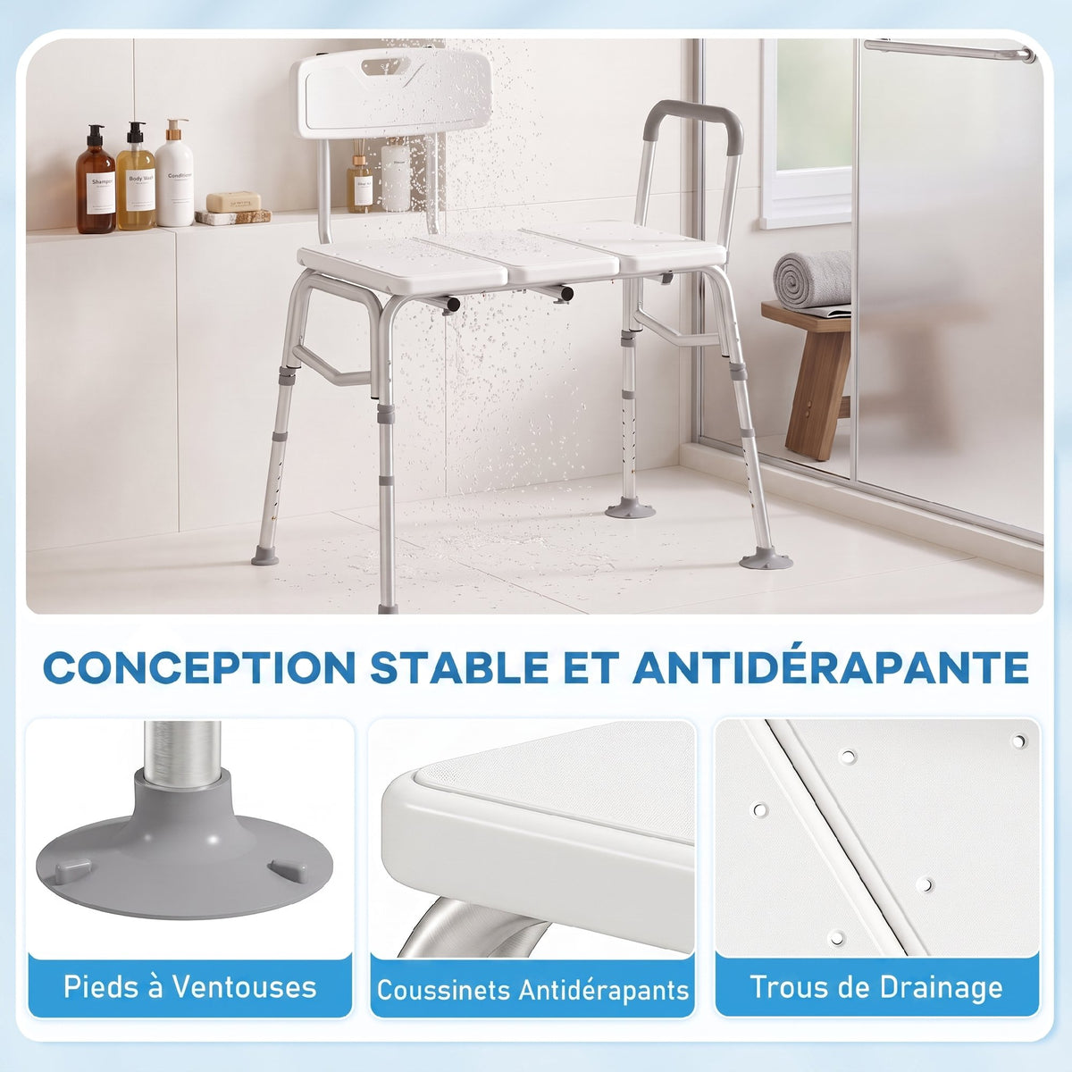 Banco de Transferencia para Bañera, Altura Ajustable en 10 Niveles, Asiento Ancho, Respaldo, Apoyabrazos, 86x60x89-101cm, Blanco
