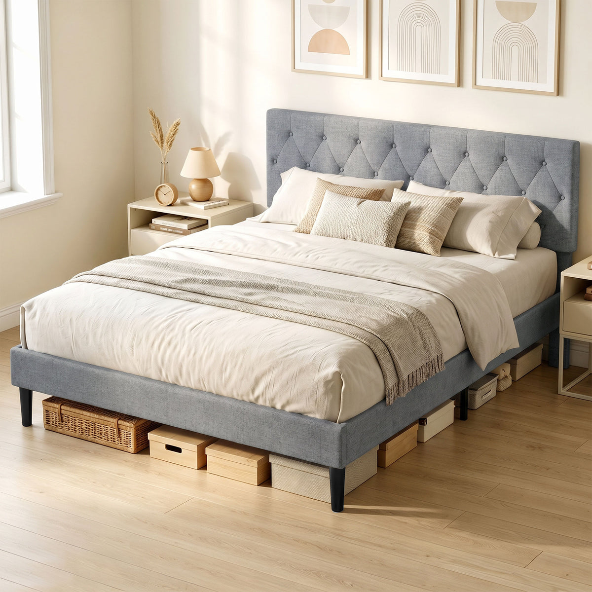 Estructura de cama de 140 x 190 cm con somier, cama doble tapizada en lino, cabecero capitoné, soporte de 10 listones, gris