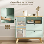 Buffet salon, meuble de rangement avec porte, 2 tiroirs, compartiment ouvert et étagère réglable, vert clair et chêne