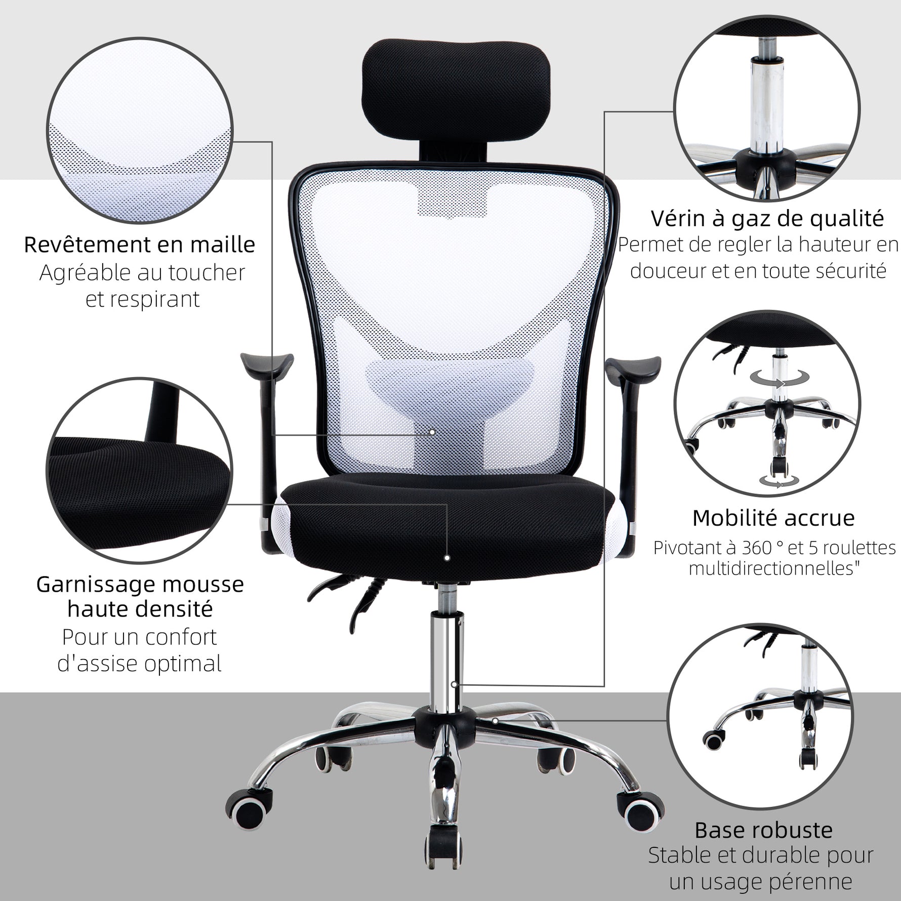 Fauteuil de bureau, chaise de bureau en maille avec hauteur réglable, dossier inclinable, 62x67x118cm, noir et blanc