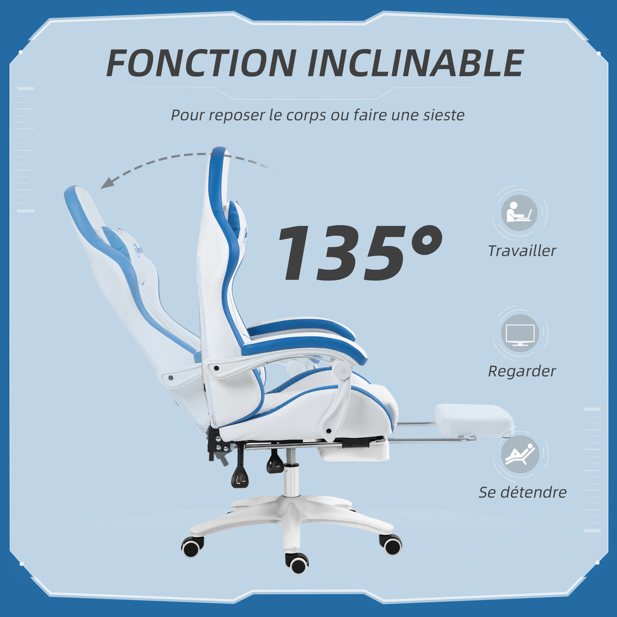 Gaming chair ergonomic gaming recliner with 135° reclining backrest and lumbar support, 65 x 65 x 121-129 cm white