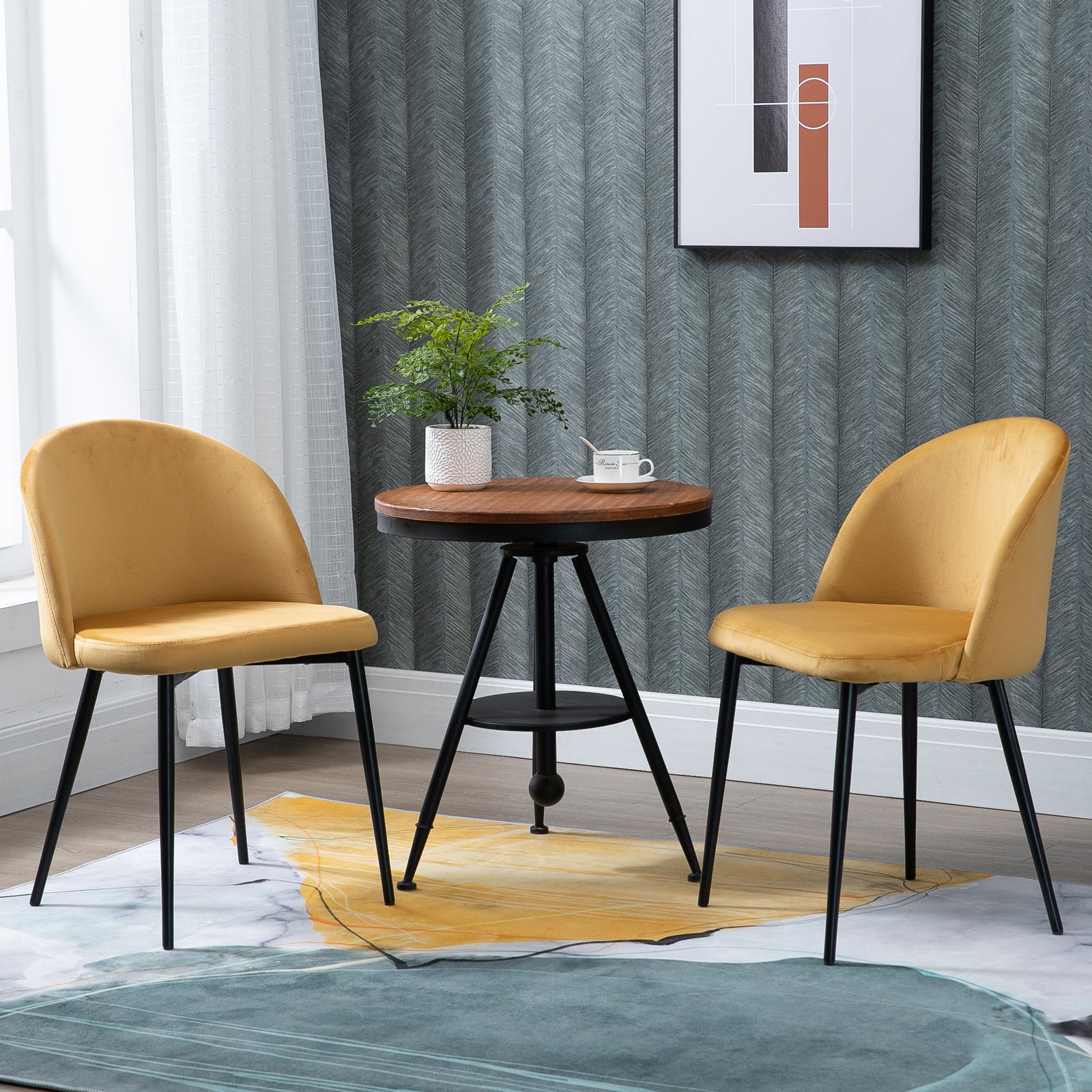 Juego de 2 sillas de comedor, sillas de cocina escandinavas de terciopelo acolchado con patas cónicas de metal, para salón, comedor, amarillo
