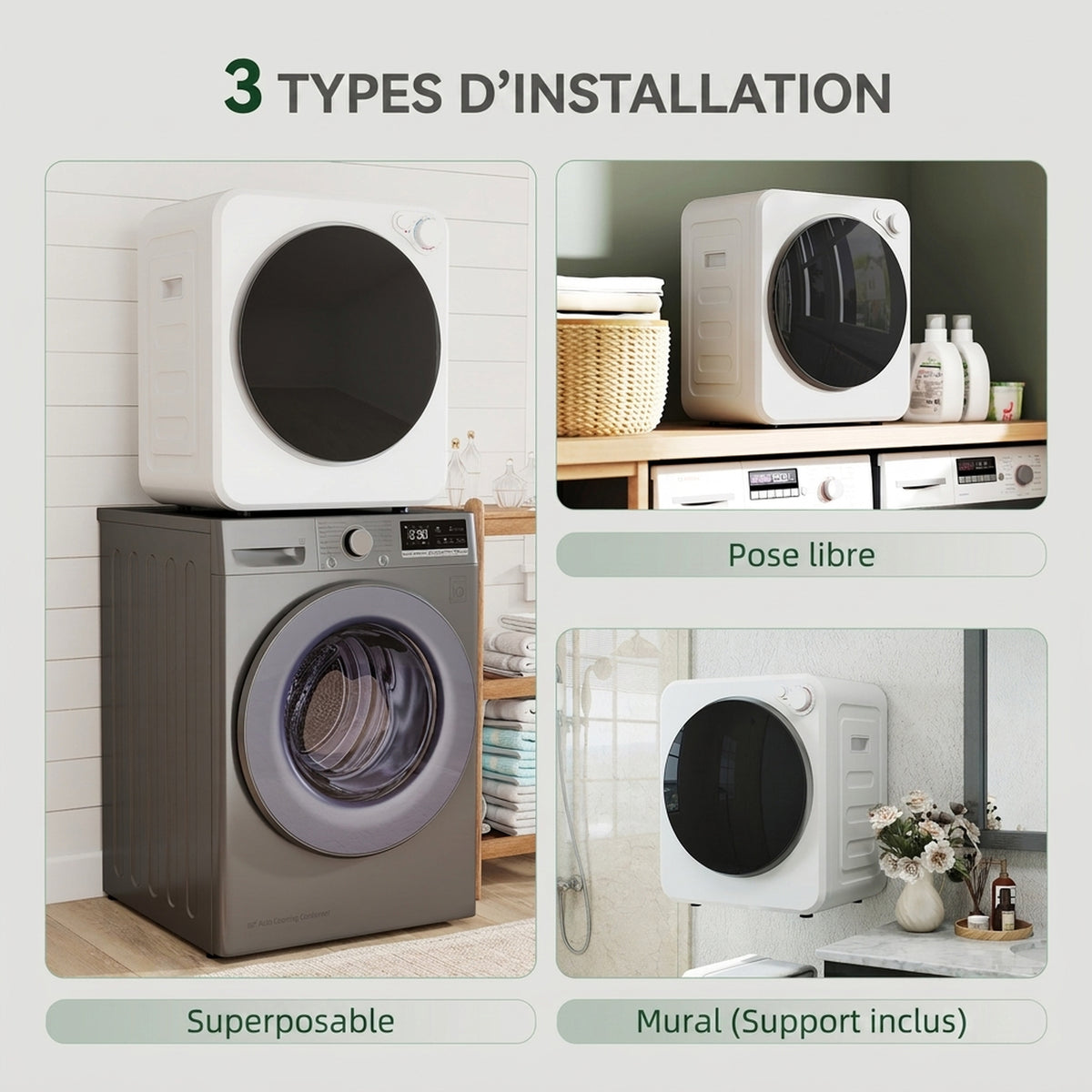 Sèche-linge à évacuation portable 2,5 Kg, sèche-linge électrique 400/800 W, 5 modes de séchage, 48 x 44 x 57 cm, blanc