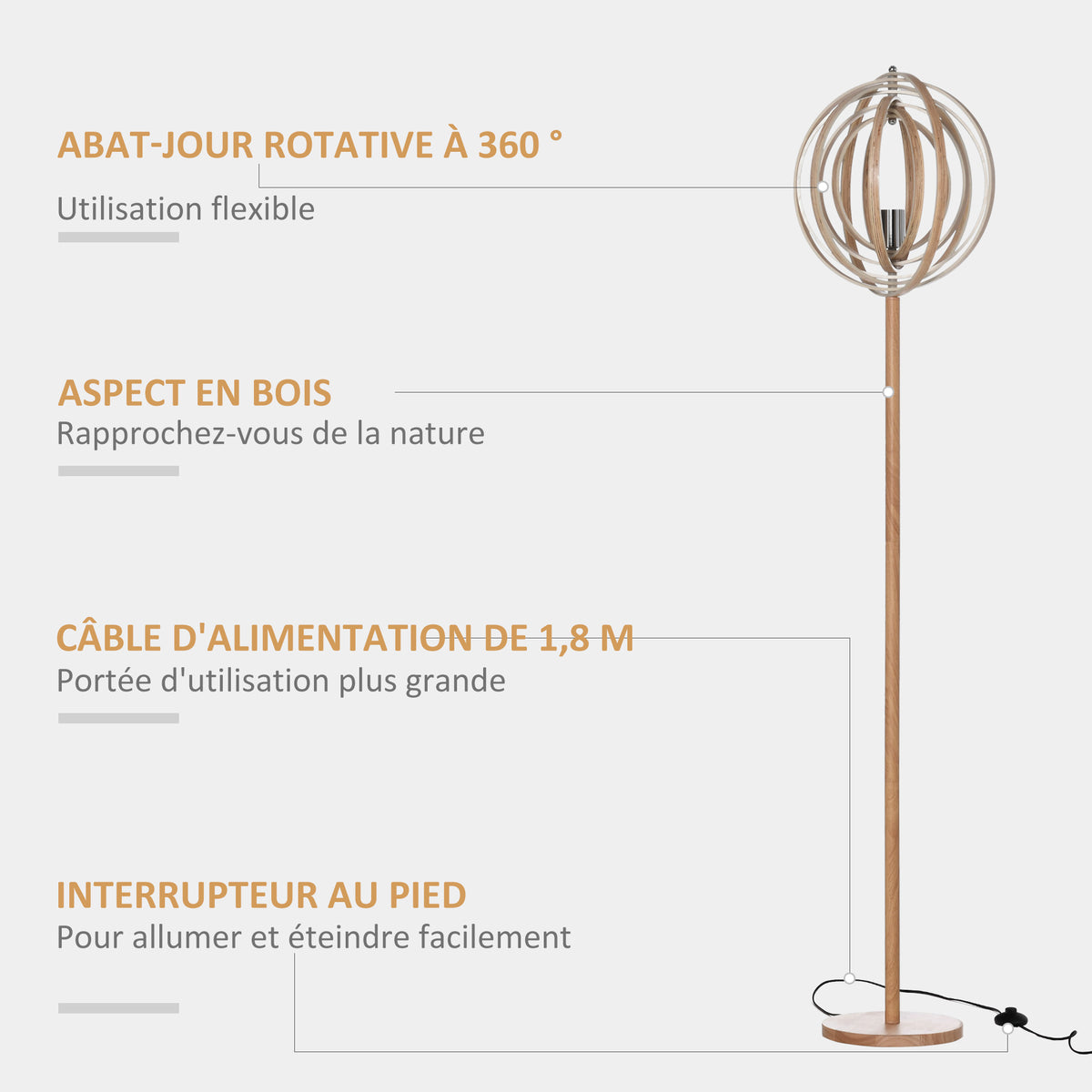 Lampadaire sur Pied Circulaire 40 W Max. Abat-Jour bois naturel clair dim. Ø 38 x 160 cm