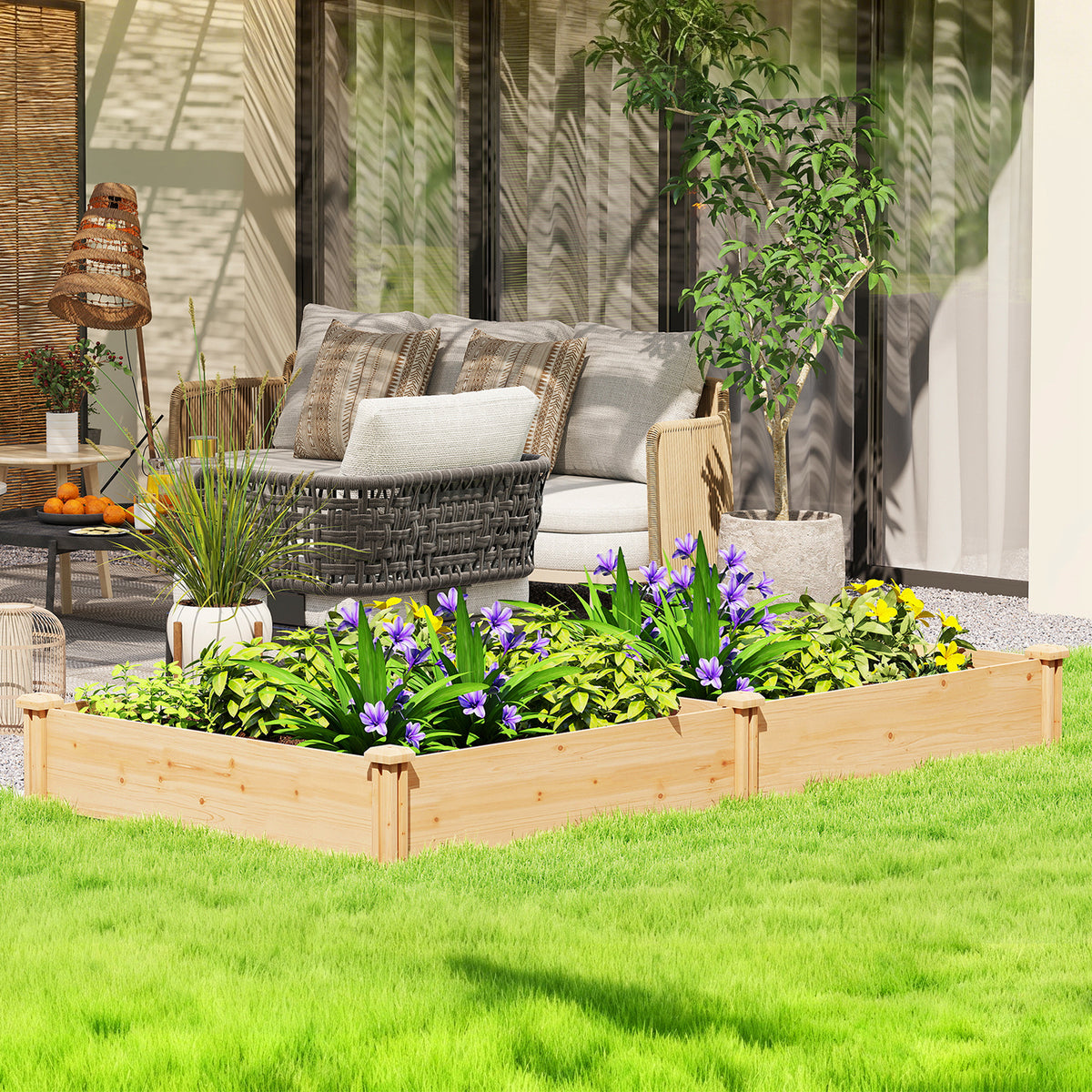 Carré Potager de jardin en Bois massif, Jardinière Surélevé avec séparateur, 235 x 121 x 26 cm, effet Bois Naturel