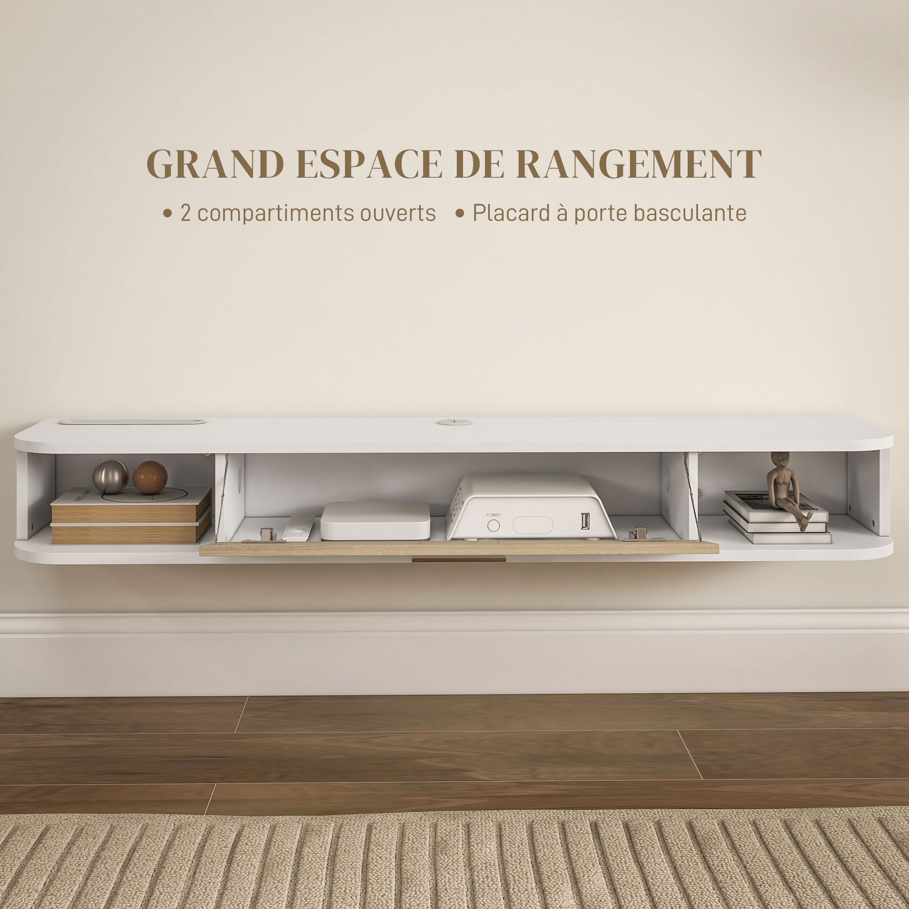 Meuble TV mural banc TV jusqu'à 50 pouces avec compartiments ouverts et armoire à porte rabattable blanc