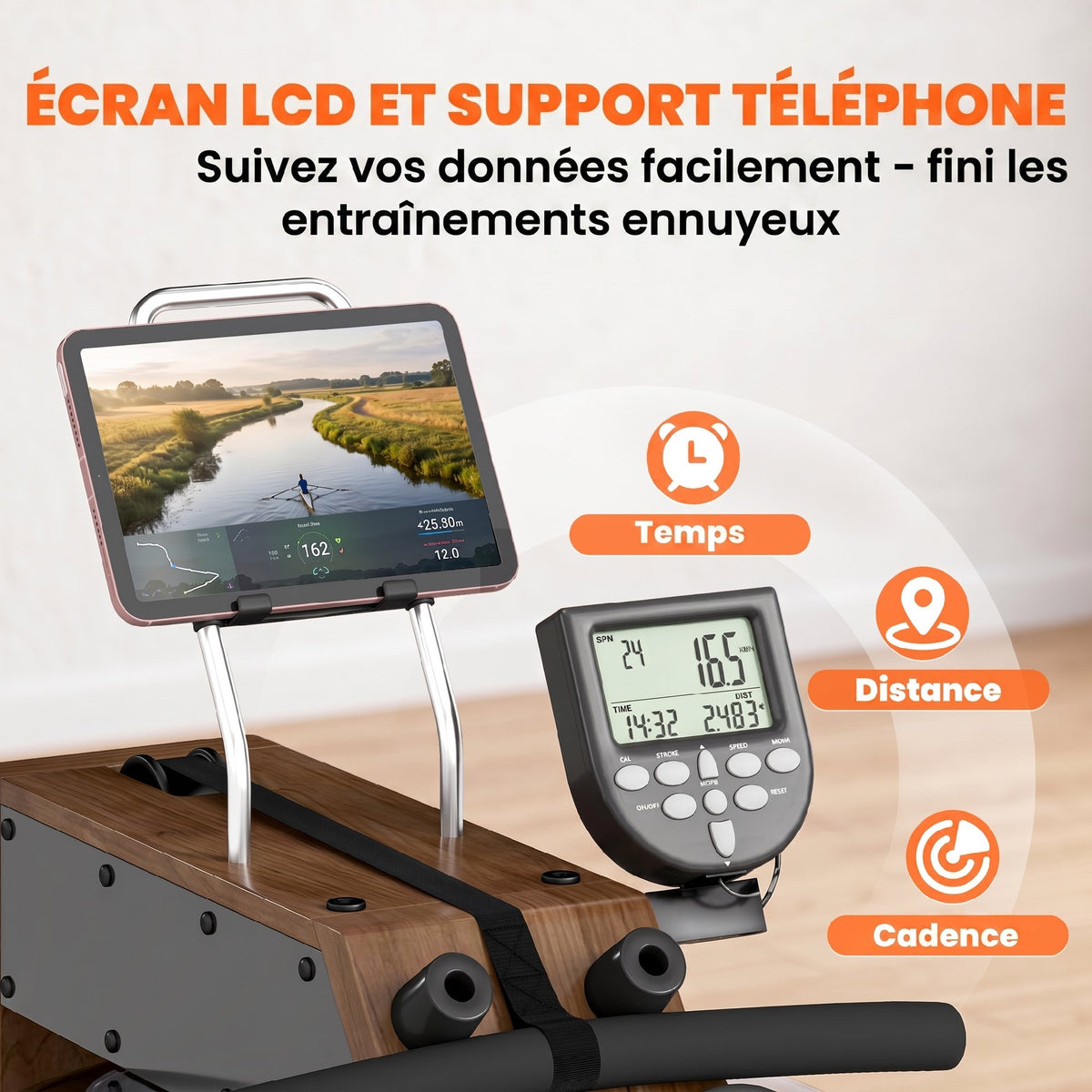 Rameur à Eau Rameur Appartement Pliable Double Rail Aluminium Capacité 158kg Connexion Bluetooth 182x42x67cm Chêne-6