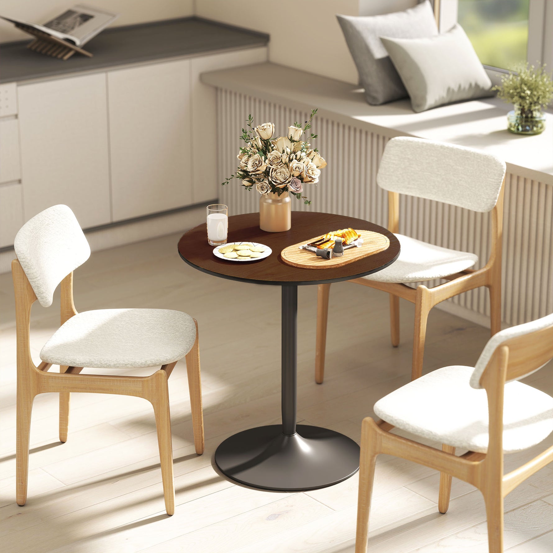 Table à manger ronde 70 cm pour 2 personnes avec plateau en placage de bois massif et piétement en acier marron