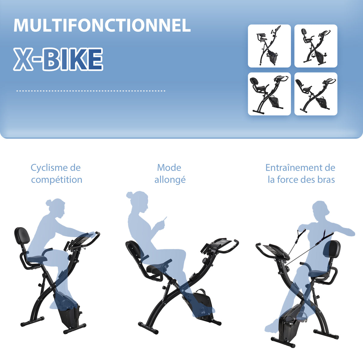 Vélo d'Appartement Pliable 4-en-1 - Ergomètre Magnétique Silencieux avec Cordes de Résistance - Sport Maison et Cardio-training avec Roulettes, Selle Confort et LCD (Max 120kg), Noir