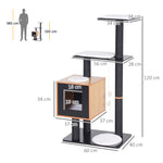 Arbre à chats design contemporain griffoirs grattoirs sisal naturel centre d'activités niche plate-formes jeu boules suspendues 71,5L x 49,5l x 120H cm MDF noir hêtre