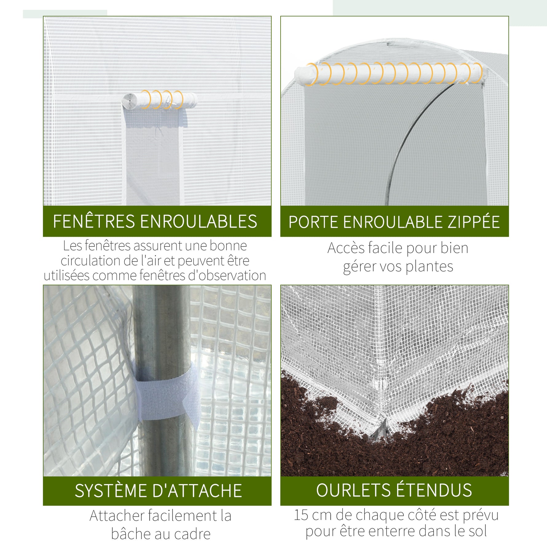 Serre tunnel de jardin 9m², serre de jardin tunnel avec porte et 6 fenêtres, bâche PE 140 g/m² 445 x 200 x 200 cm blanc