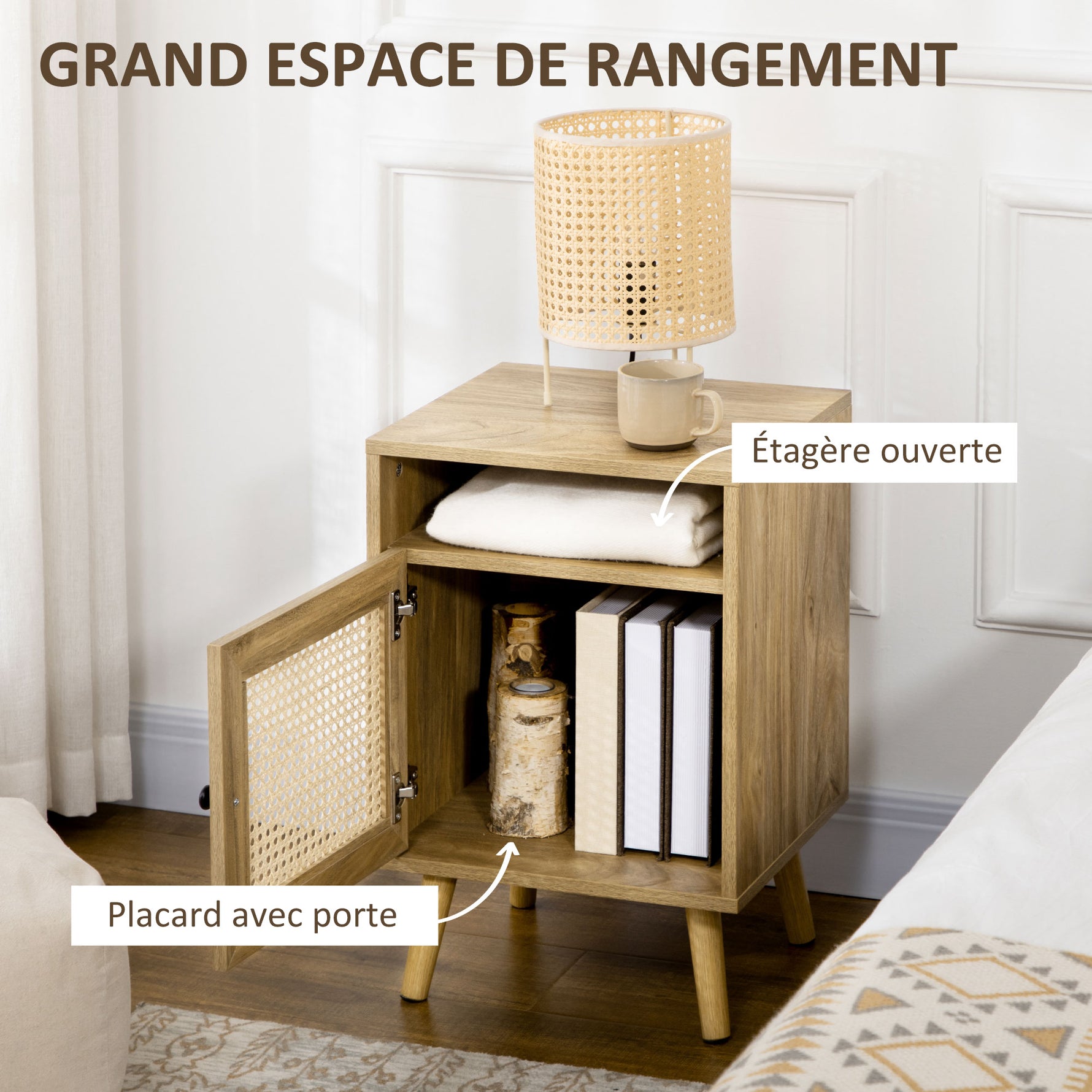 Lot de 2 tables de chevet table de nuit avec placard porte cannage et niche design vintage 39 x 35 x 60 cm naturel