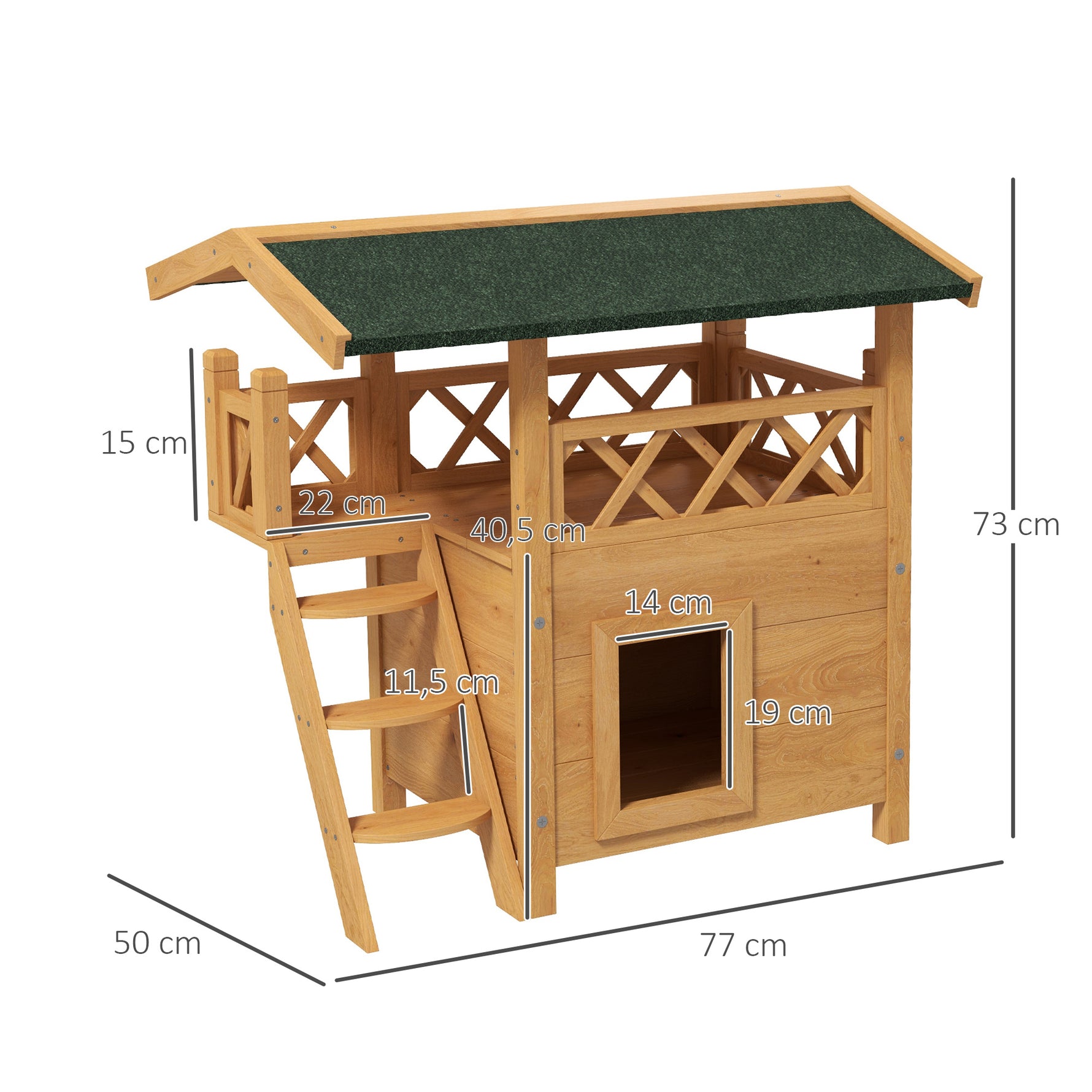 Cabane Chat Extérieur avec Terrasse, Escalier, Toit, Niche Villa, 77 x 50 x 73 cm Bois Naturel et Vert