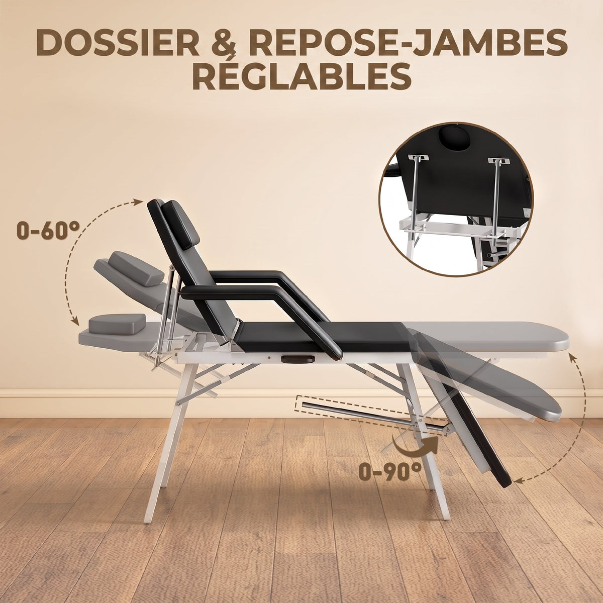 Table de massage pliante, lit de massage 3 zones portable 182 x 62 cm avec appuie-tête et accoudoirs amovibles, noir