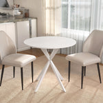 Ronde eettafel voor 2 personen met blad in houtlook en gekruist stalen onderstel, wit