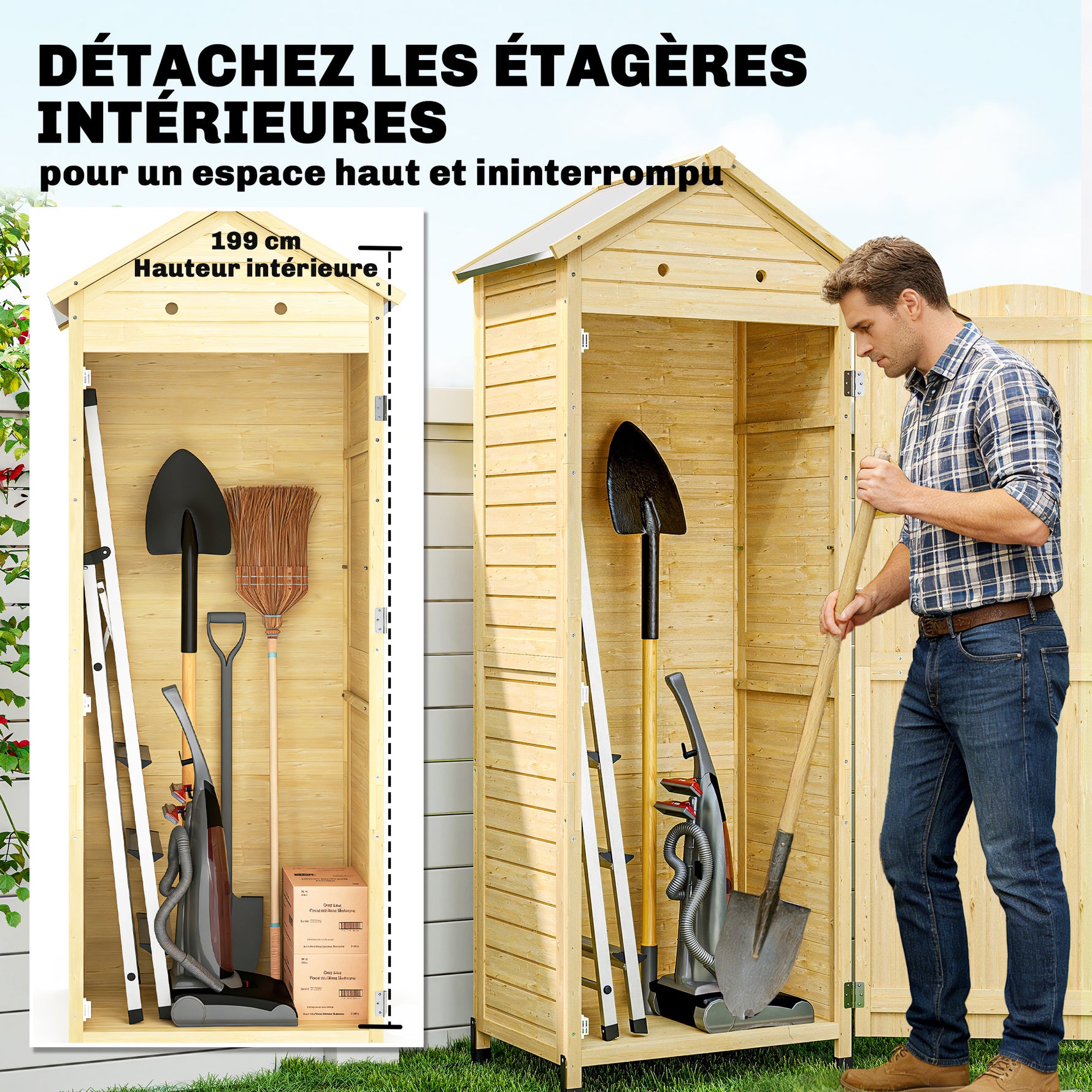 Armoire de Jardin en Bois Toit Acier Galvanisé Texture Gaufrée Étagères Réglables 85x58x213cm Bois Naturel