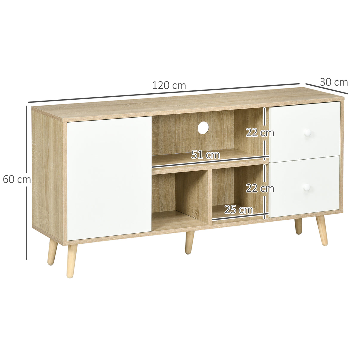 Meuble TV pour télévision jusqu'à 45 pouces pieds en bois massif style scandinave 3 niches 1 placard 120 x 30 x 60 cm