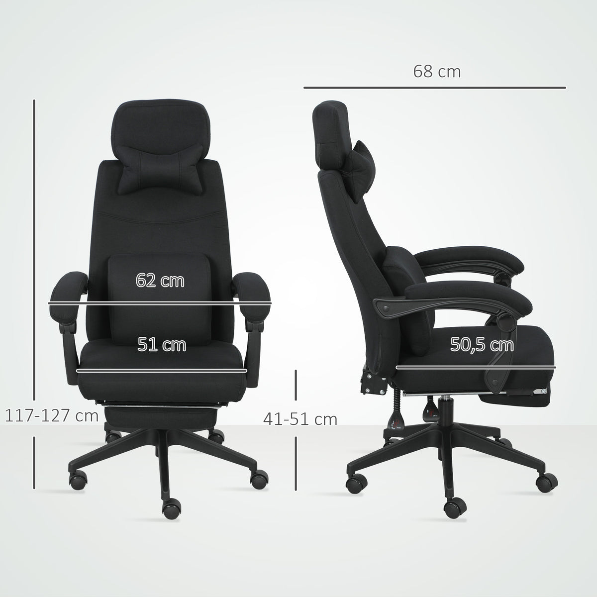 Fauteuil de bureau chaise de bureau grand confort dossier réglable repose-pied roulettes 360° lin 62 x 68 x 127 cm noir