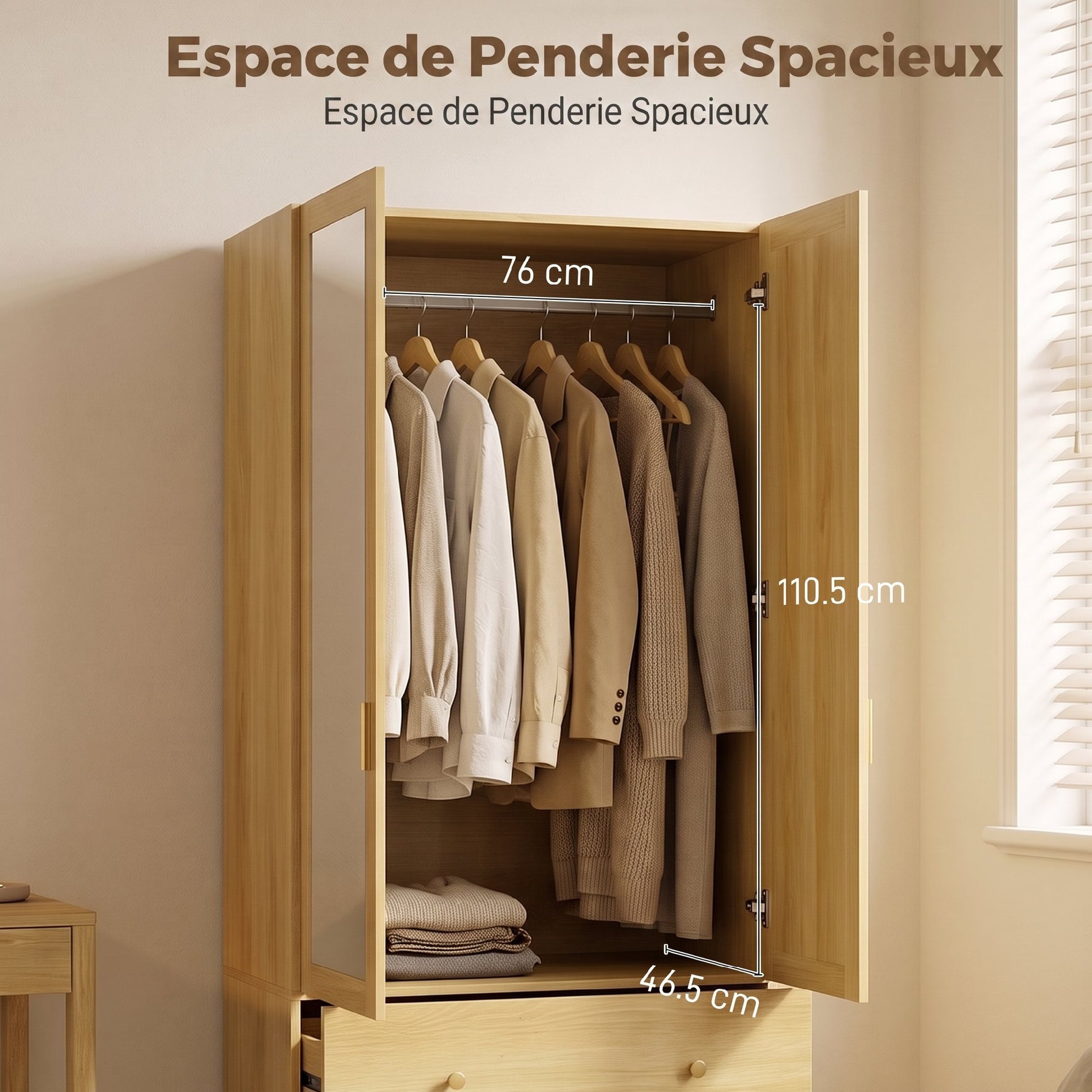 Armoire chambre penderie avec miroir, 2 portes, 2 tiroirs et barre de suspension, 80 x 50 x 180 cm, chêne