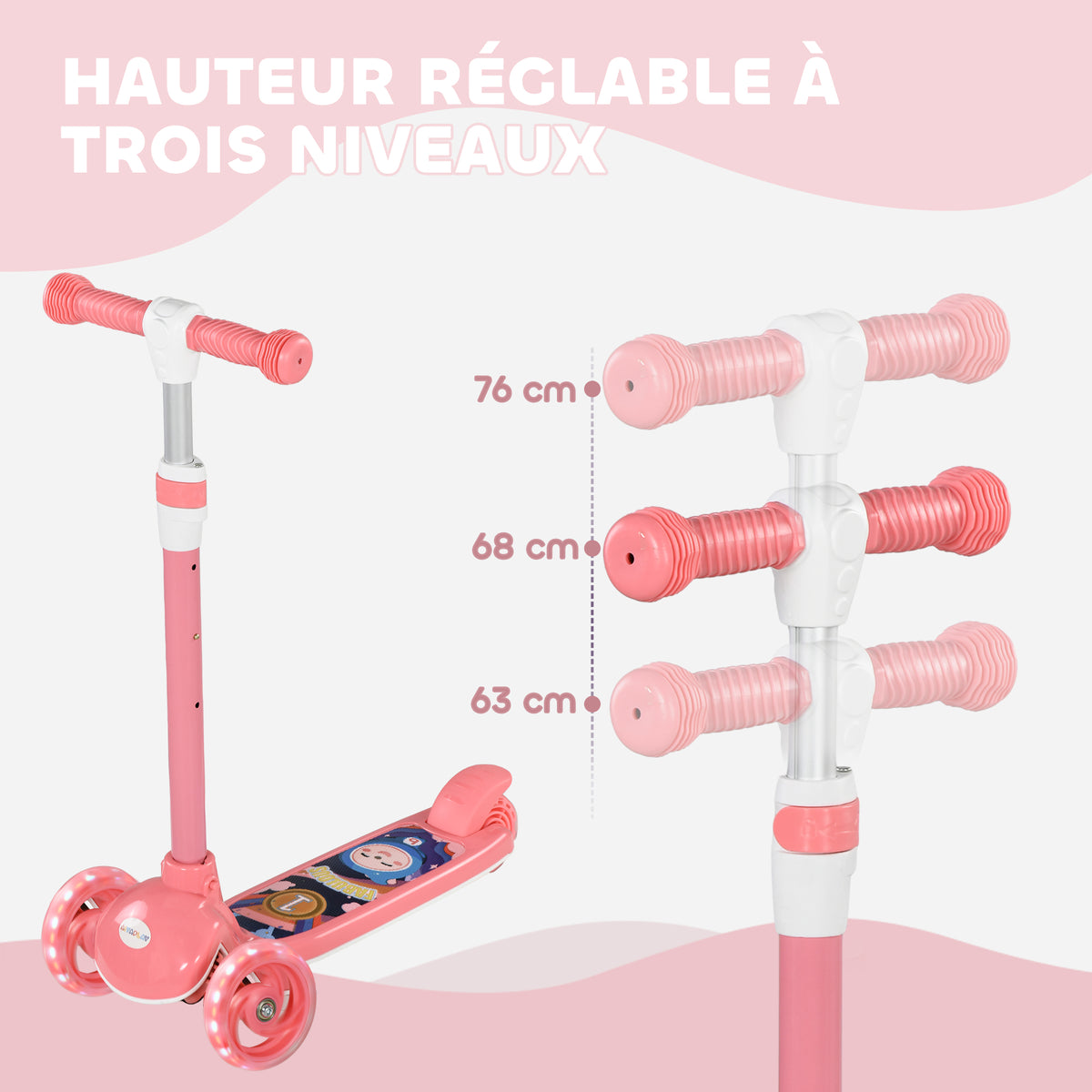 Trottinette enfant 3 Roues Lumineuses LED Hauteur Guidon réglable frein à Friction arrière de 2 à 6 ans Rose