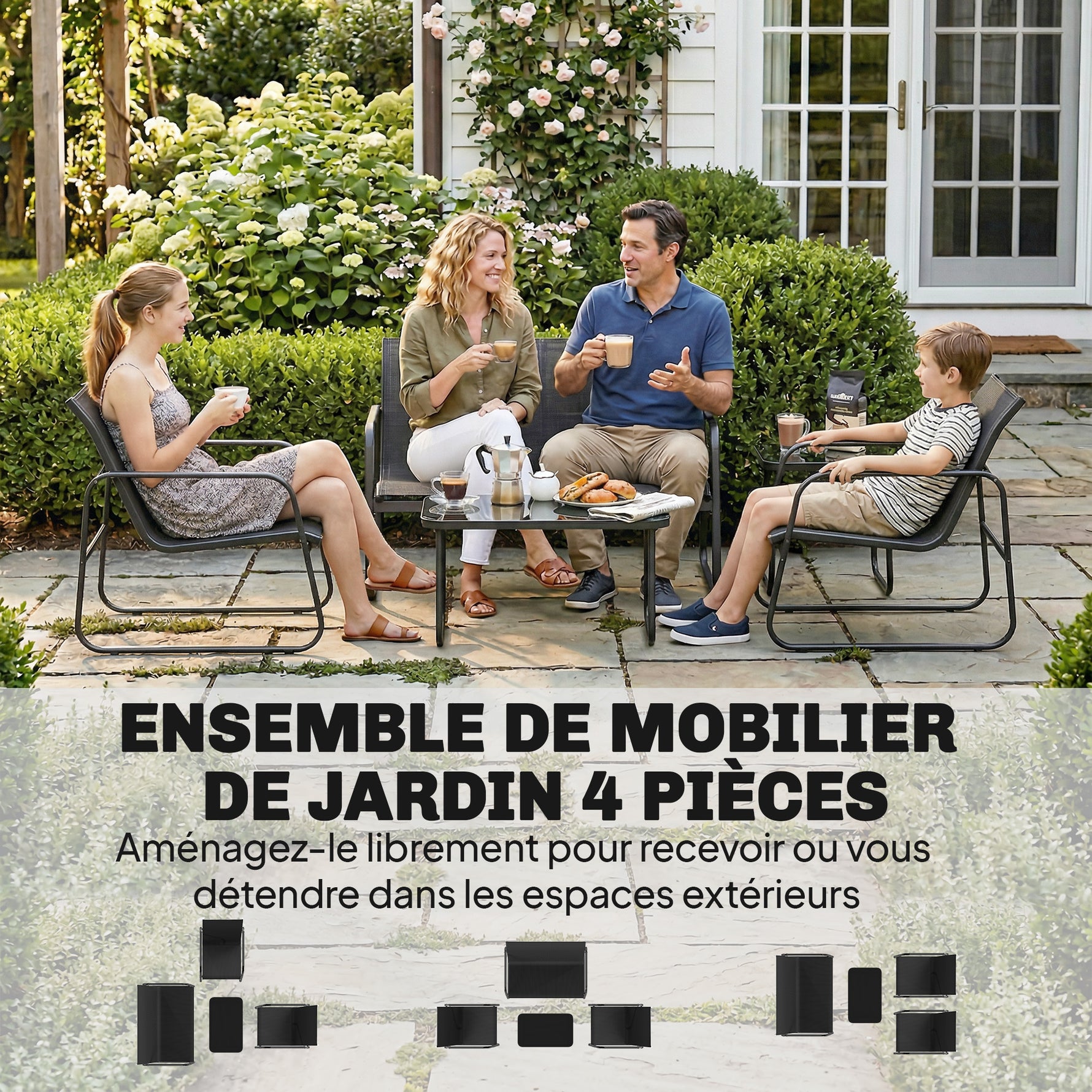 Salon de jardin 4 pièces avec canapé, fauteuils et table basse, gris foncé et noir