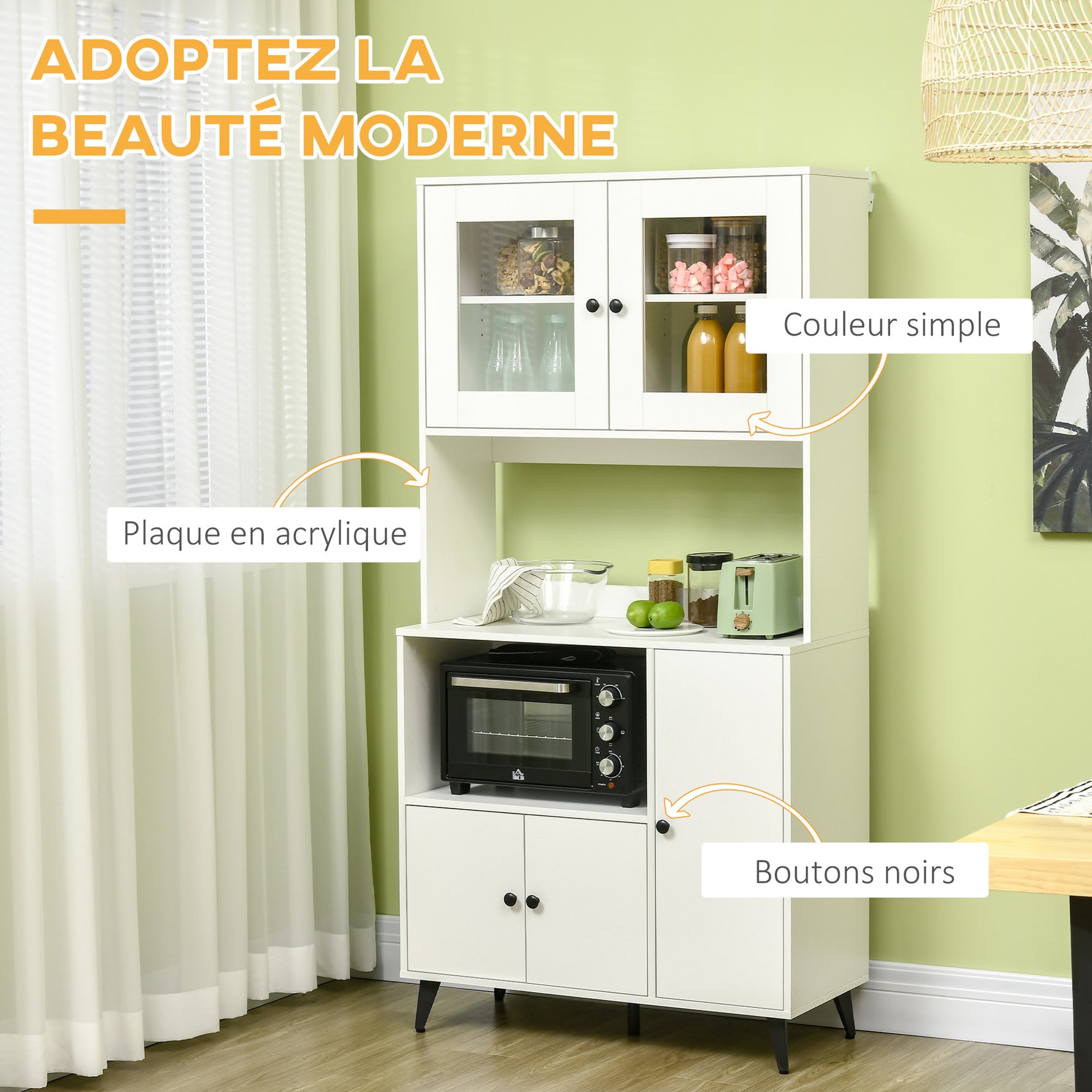 Armoire de cuisine avec 3 placards, niches, étagères réglables, portes vitrées, passe-câble, 90x40x180cm, blanc
