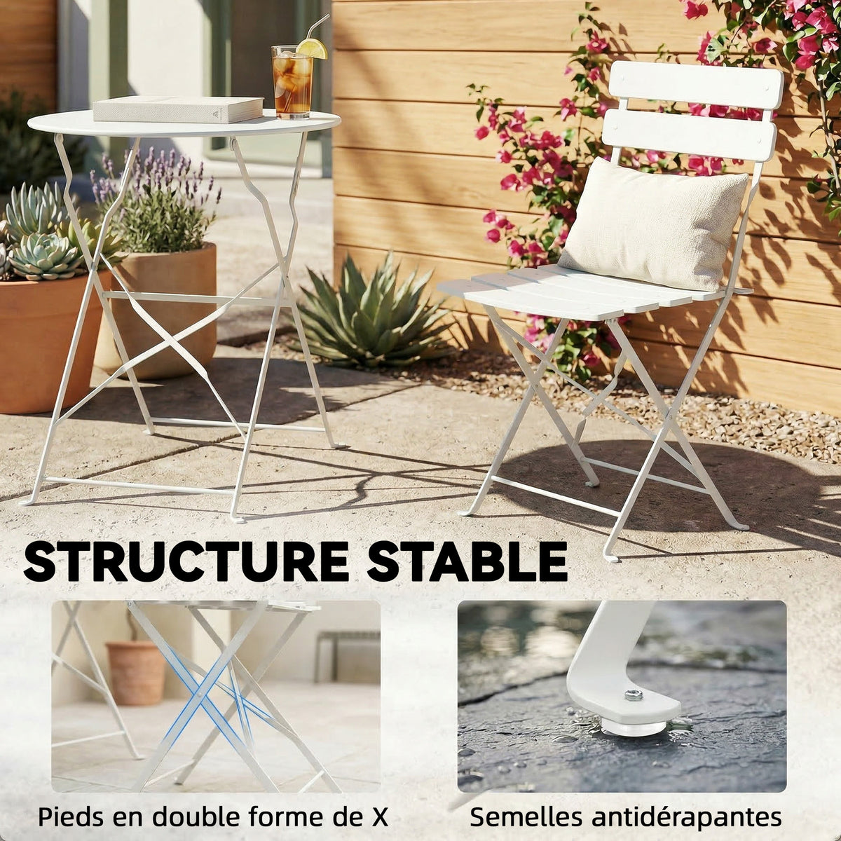 Ensemble Bistrot de Jardin 3 Pièces Table et 2 Chaises Pliantes à Lattes Double Protection Antirouille Crème