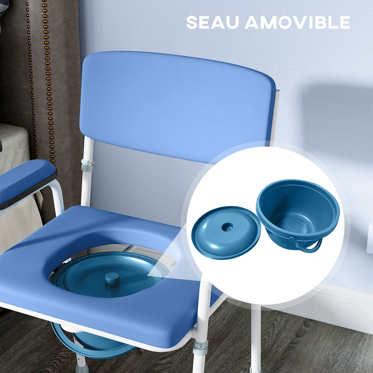 Silla de inodoro con orificio multifunción, cubo extraíble, altura regulable, con respaldo, asiento y reposabrazos acolchados azules