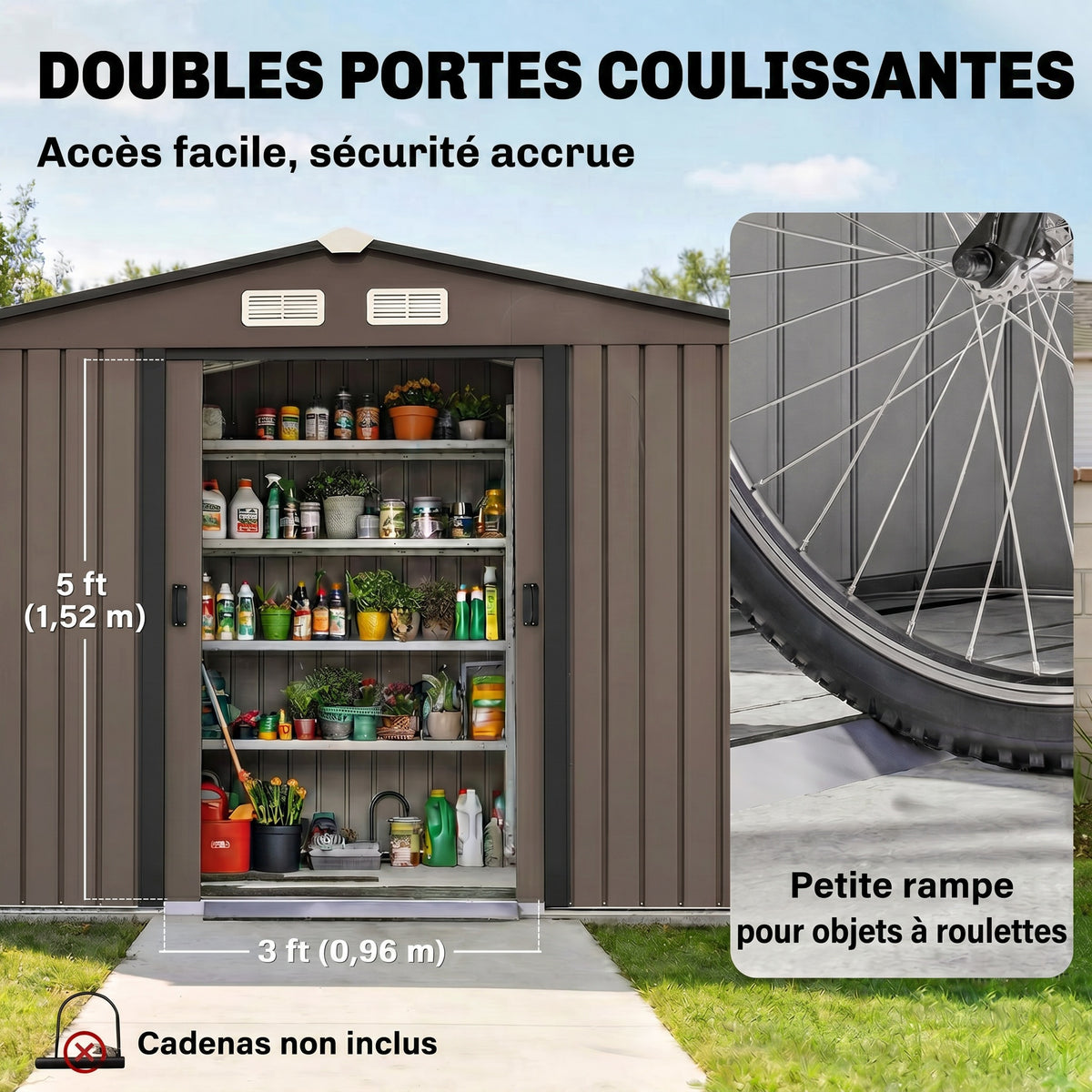 Abri de jardin 5,4 m² 2,77 x 1,95 x 1,92 m kit de fondation porte coulissante ventilations acier galvanisé, marron