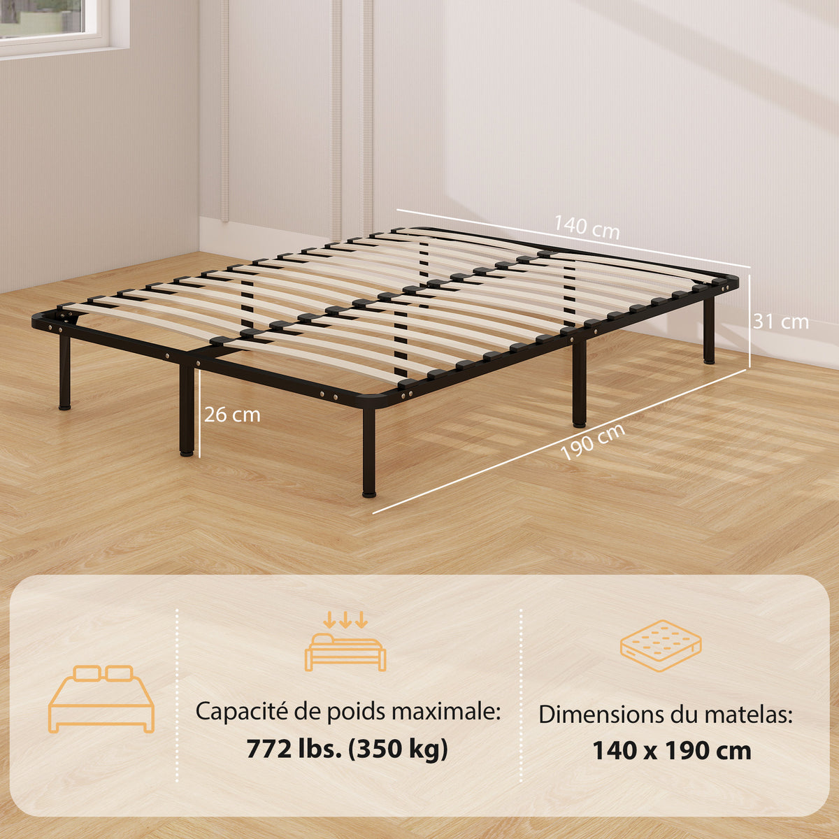 Bedframe 140 x 190 cm, tweepersoonsbed van massief hout met lattenbodem en voeteneinde, opbergruimte eronder, zwart