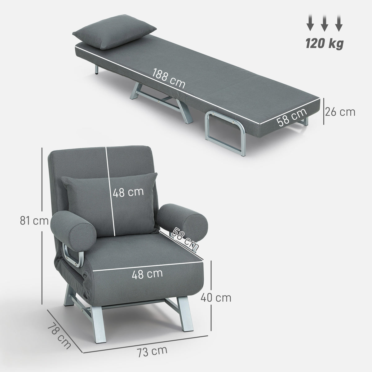 Sillón convertible individual, sillón cama plegable acolchado de lino con respaldo ajustable, cojín, gris oscuro