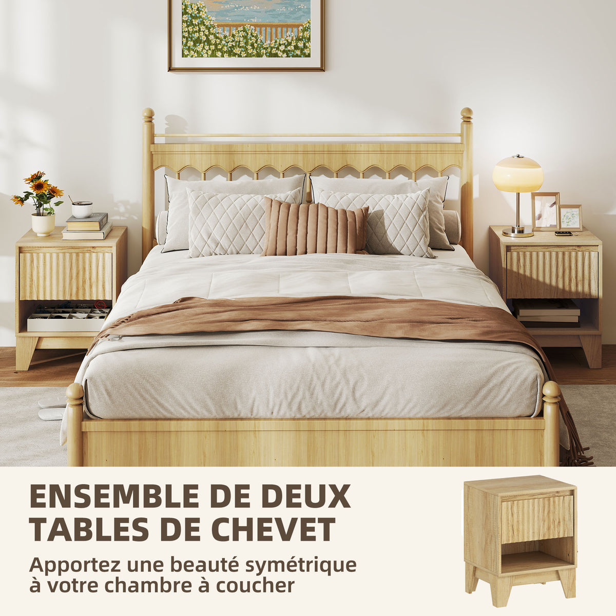 Lot de 2 tables de chevet étroite, table d'appoint compartiment ouvert 1 tiroir, panneaux cannelés 43x40x55cm naturel