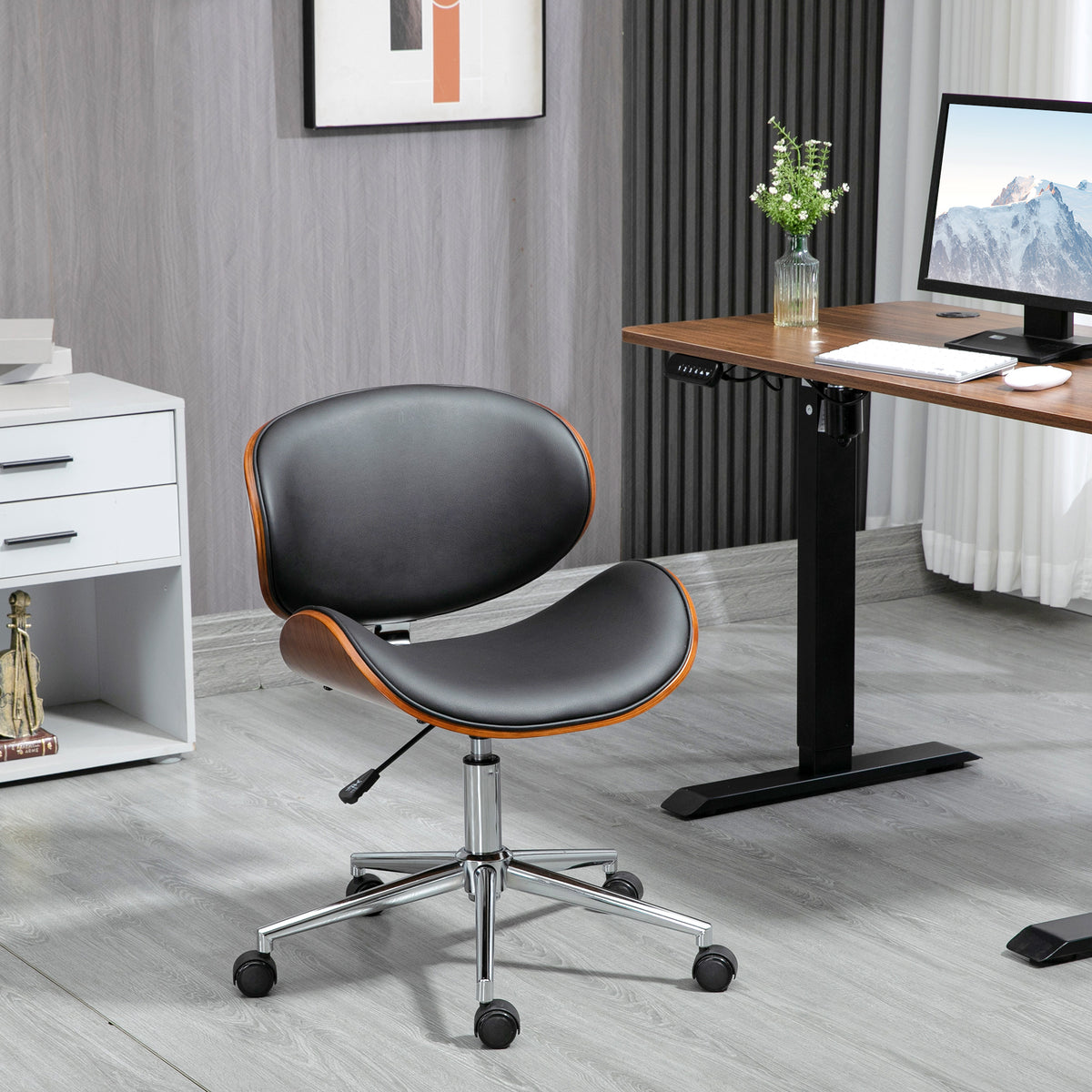 Chaise de bureau design vintage hauteur réglable pivotant 360° bois peuplier revêtement synthétique 53 x 53 x 77-87 cm