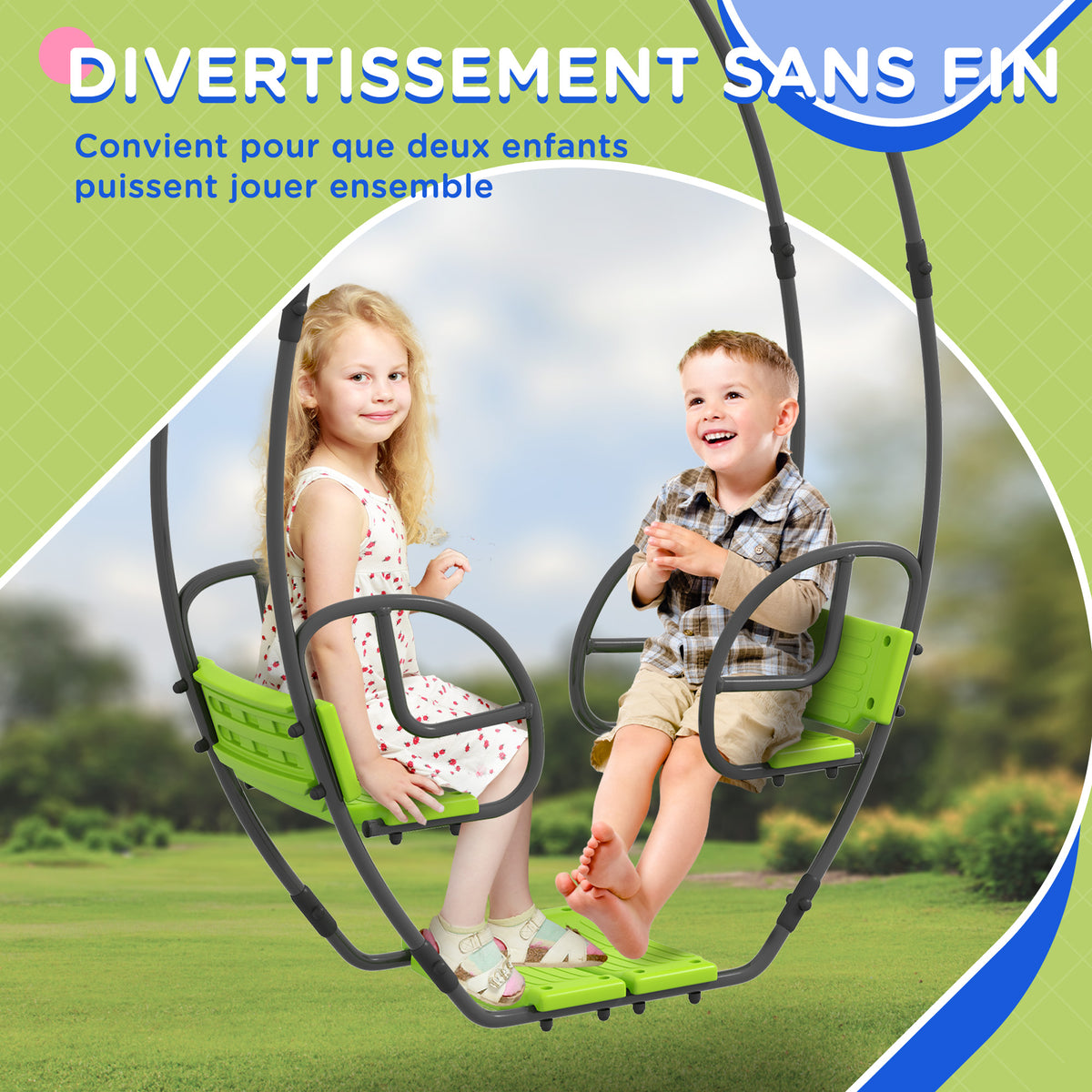Balançoire pour enfants structure en métal avec poignée pour 2 enfants de 3 à 6 ans 110,5 x 40,5 x 180 cm vert