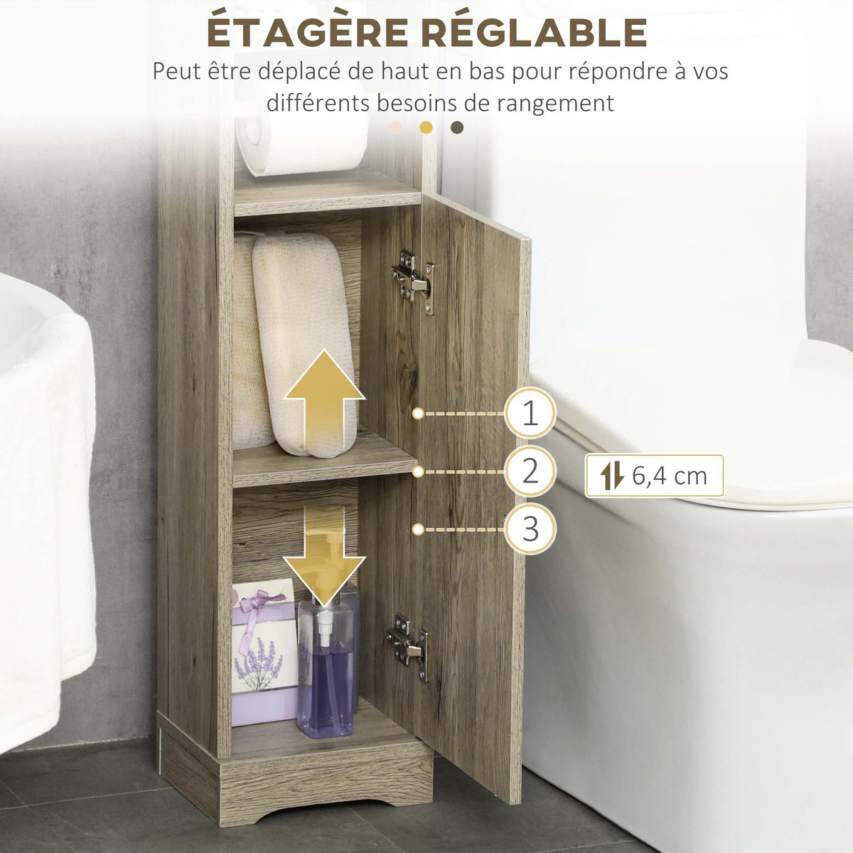 Meuble bas de salle de bain 1 étagère supérieure ouverte 2 compartiments et 1 placard 23 x 18 x 100 cm gris