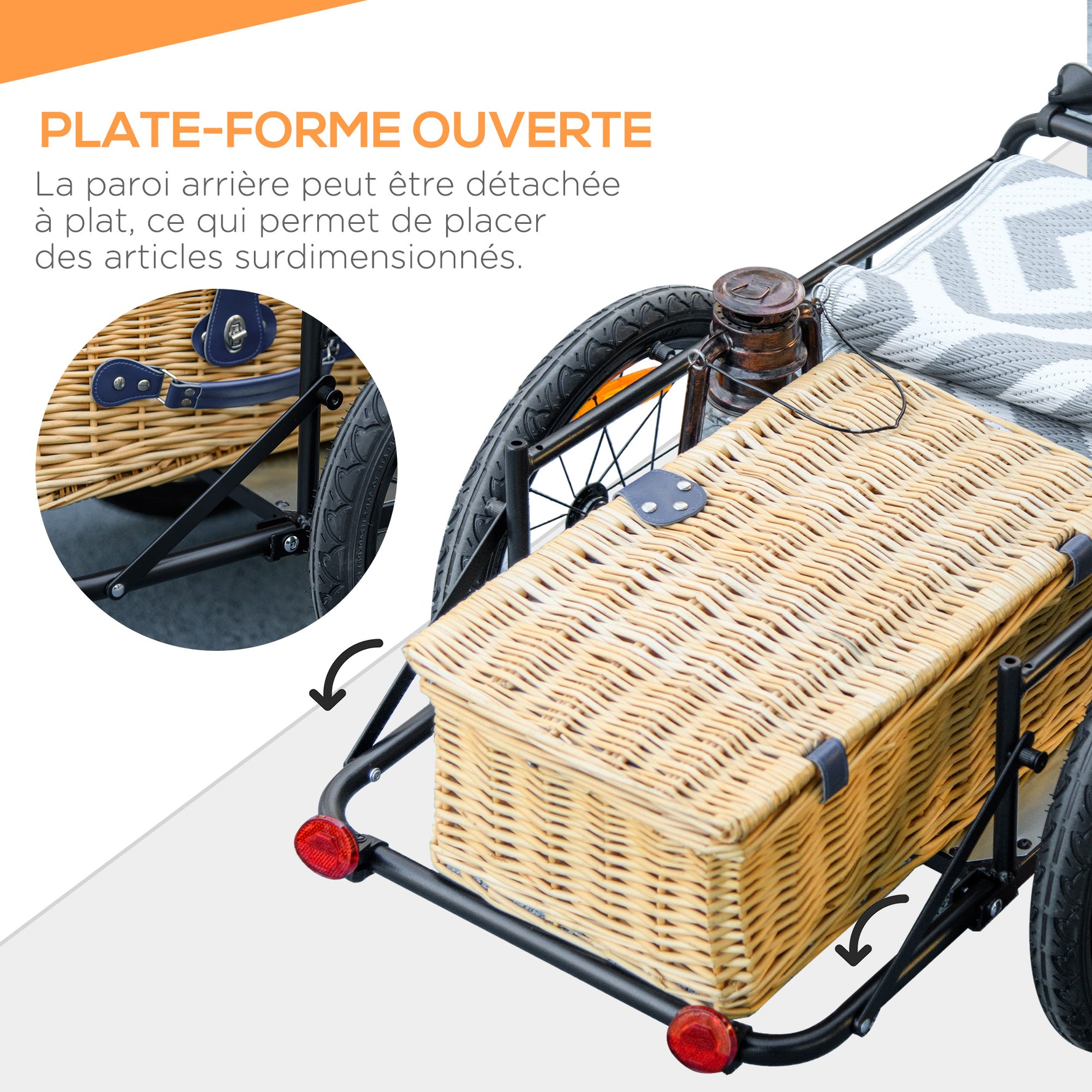Remorque à vélo avec coffre de rangement amovible et pliable de 65L, réflecteurs de sécurité, charge max. 40KG, gris