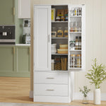 Buffet haut cuisine, armoire de cuisine, 2 portes, 8 porte-épices, 2 tiroirs, étagères réglables, 60x40x159cm, blanc
