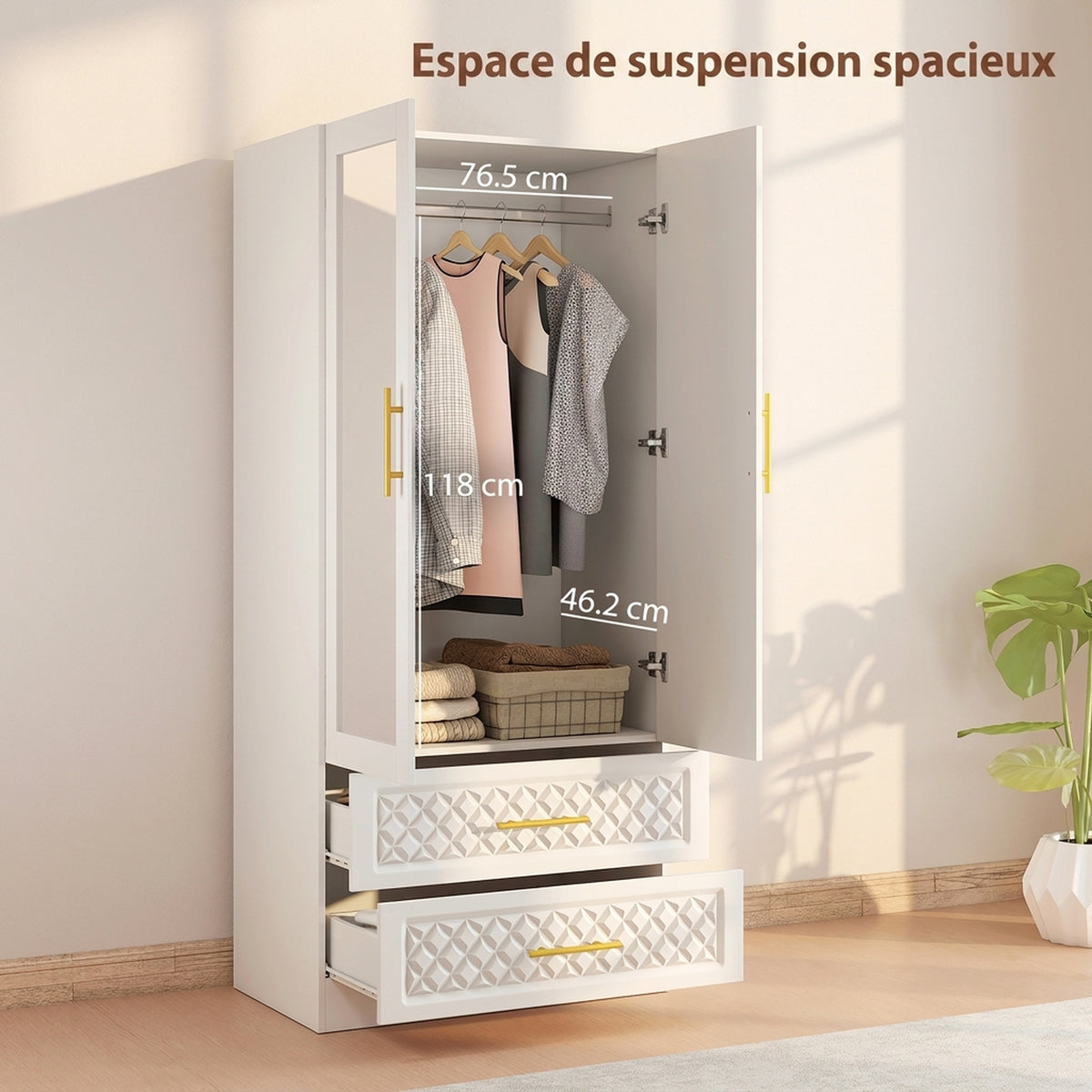 Armoire chambre penderie avec miroir, 2 tiroirs, 2 portes et barre de suspension, 80 x 50 x 180 cm, blanc