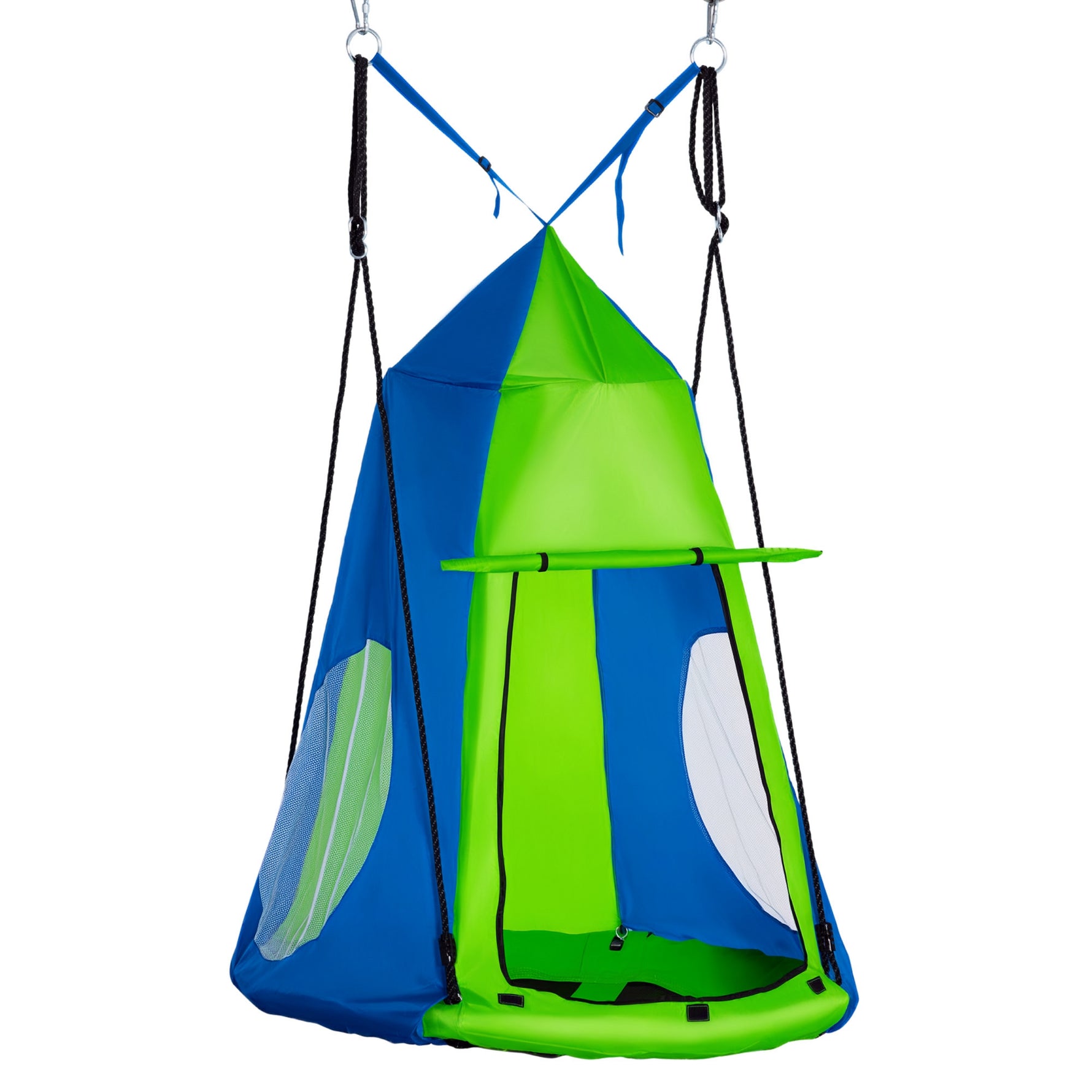 Balançoire nid d'oiseau Ronde avec Tente Amovible Ø 100 cm 4 Anneaux Inclus métal époxy Oxford Haute densité - Vert et Bleu