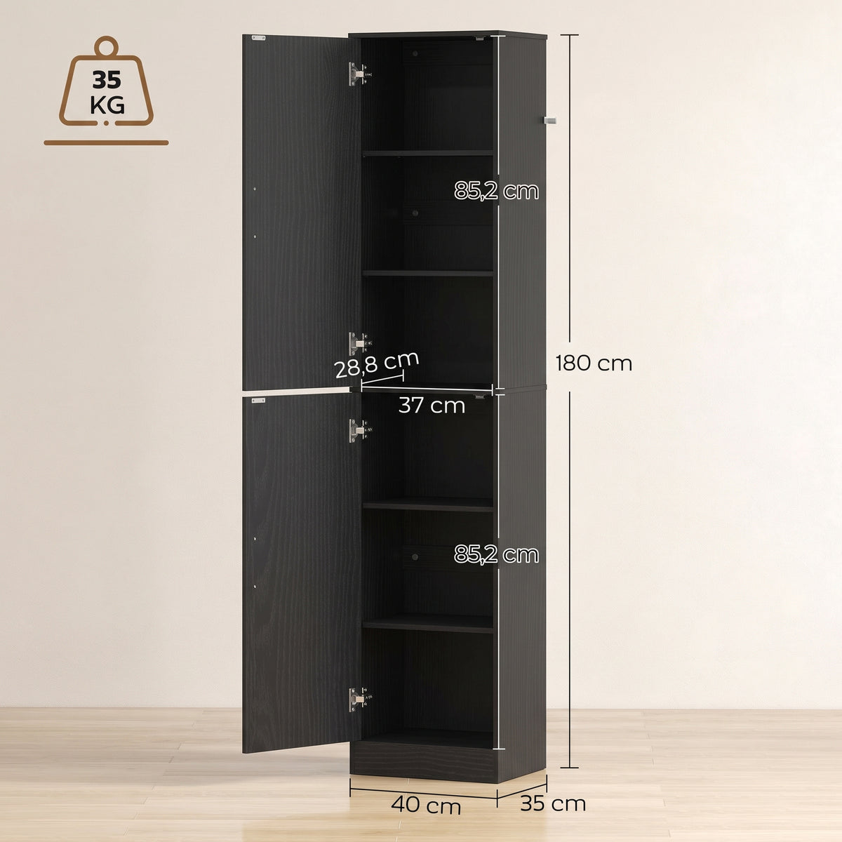Colonna da bagno a 6 livelli, mobile contenitore stretto, 2 ante e 4 ripiani regolabili, 40x35x180cm, nero