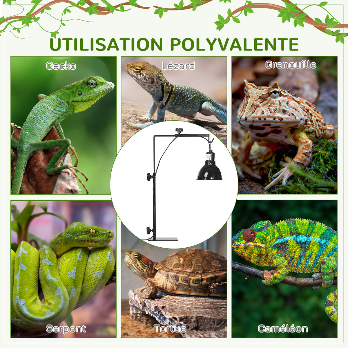 Support de lampe chauffante pour reptiles hauteur et largeur réglables pour amphibiens base en acier 32 x 9 x 67 cm noir